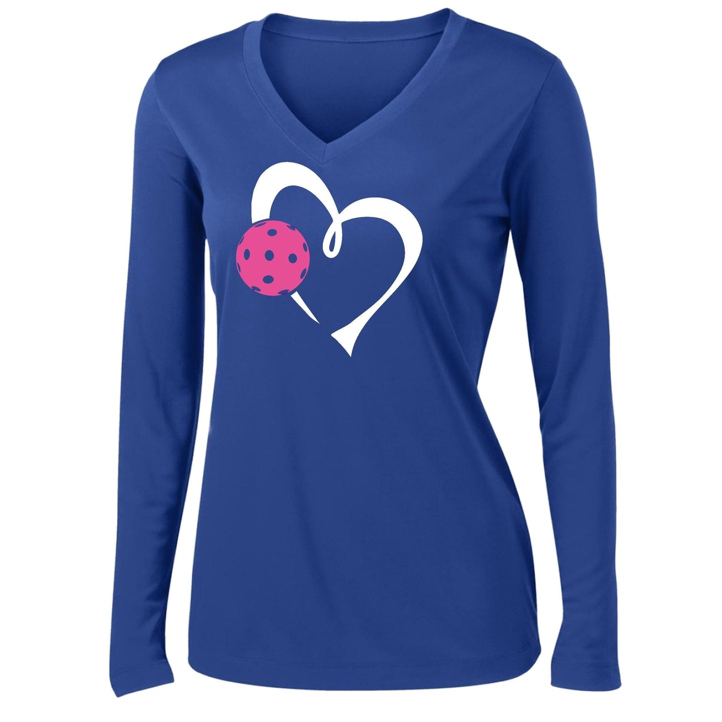 Love Pickleball (Pink) | Women's Long Sleeve V-Neck Pickleball Performance T-Shirts | 100% Polyester