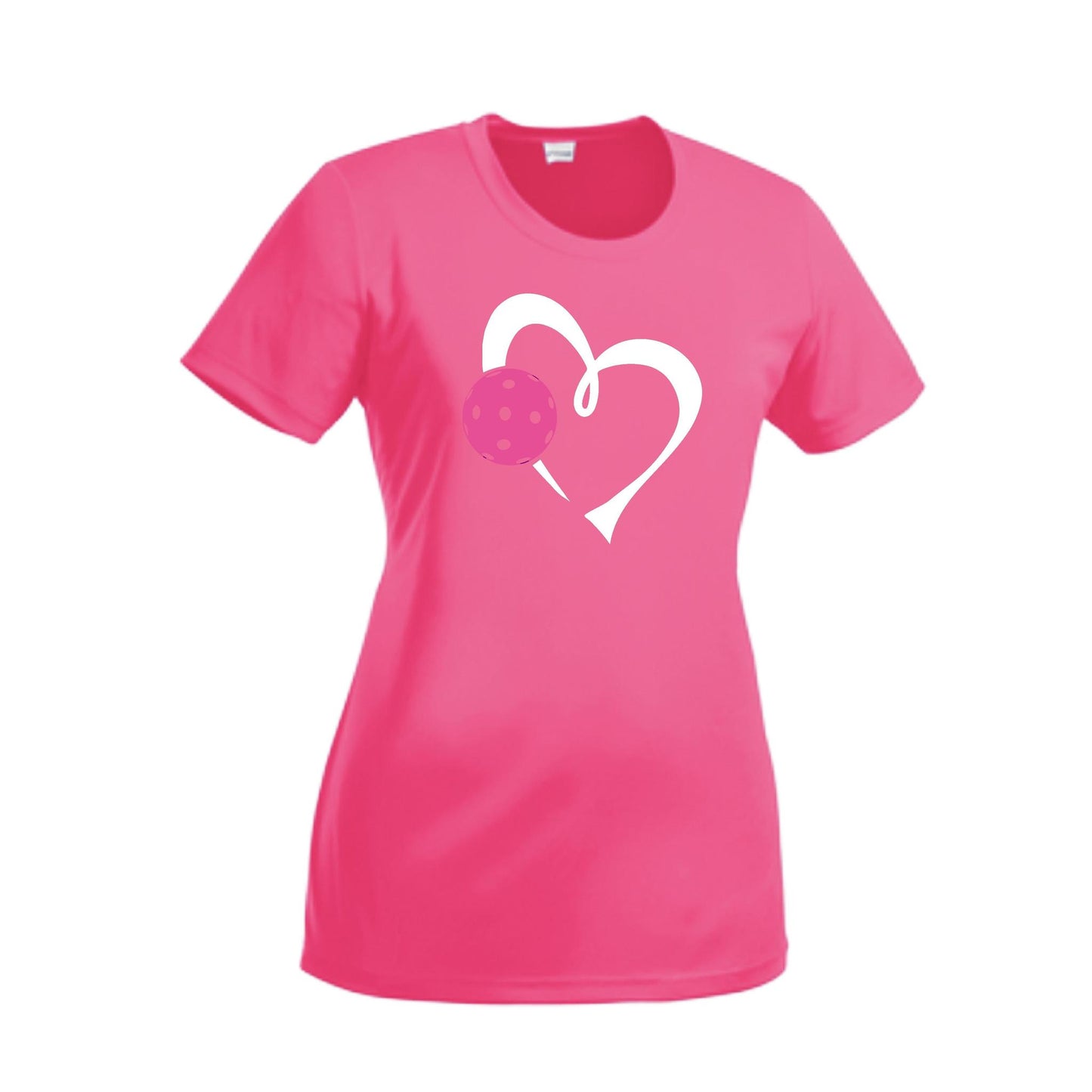 Love Pickleball (Pink) | Women’s Short Sleeve Crewneck Pickleball Performance T-Shirts | 100% Polyester