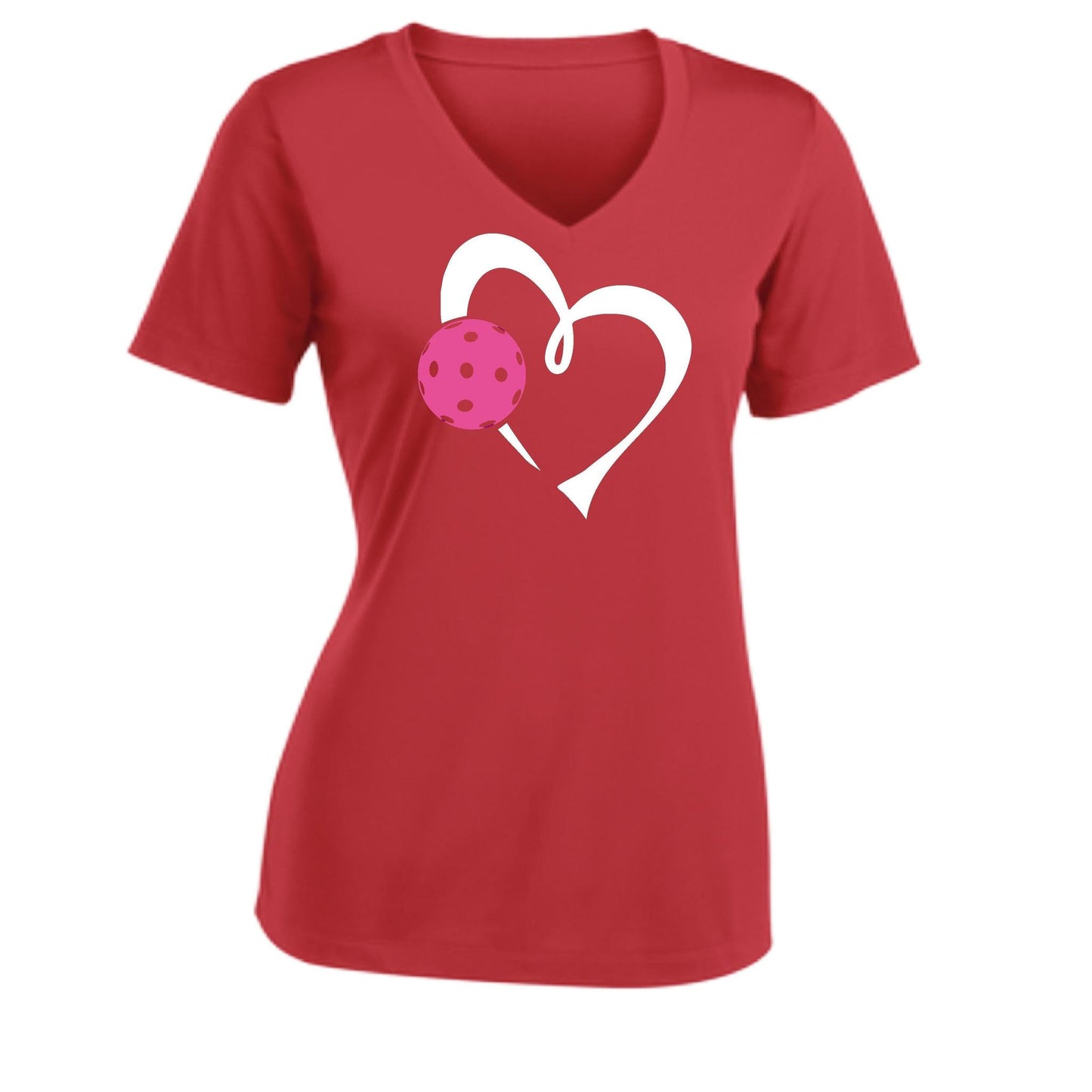 Love Pickleball (Pink) | Women's Short Sleeve V-Neck Pickleball Performance T-Shirts | 100% Polyester