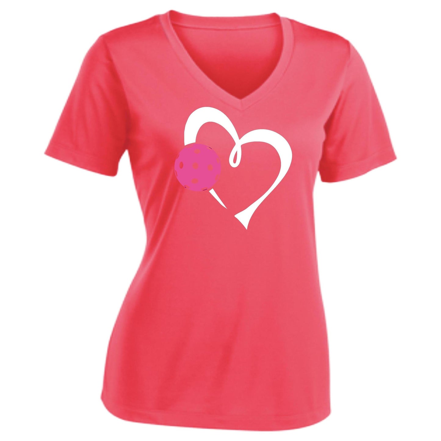 Love Pickleball (Pink) | Women's Short Sleeve V-Neck Pickleball Performance T-Shirts | 100% Polyester