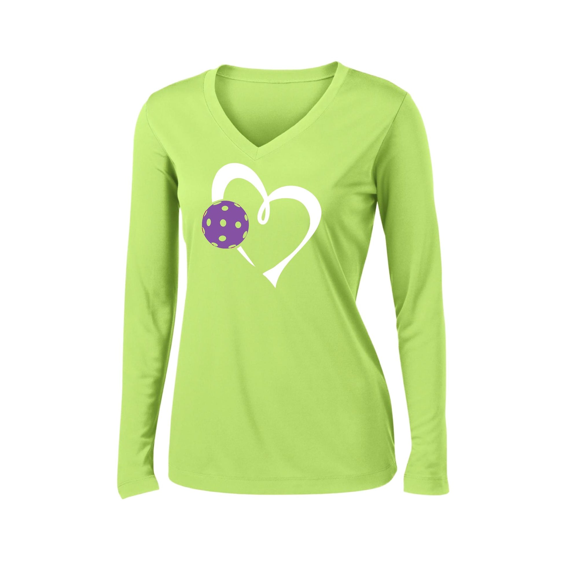 Love Pickleball (Purple) | Women's Long Sleeve V-Neck Pickleball Performance T-Shirts | 100% Polyester