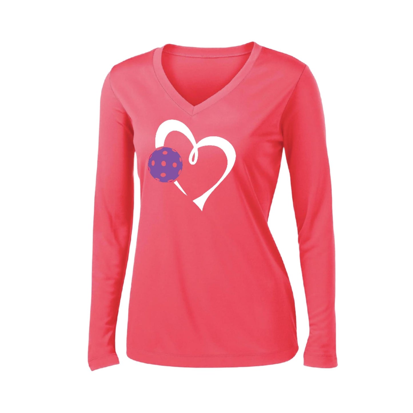Love Pickleball (Purple) | Women's Long Sleeve V-Neck Pickleball Performance T-Shirts | 100% Polyester