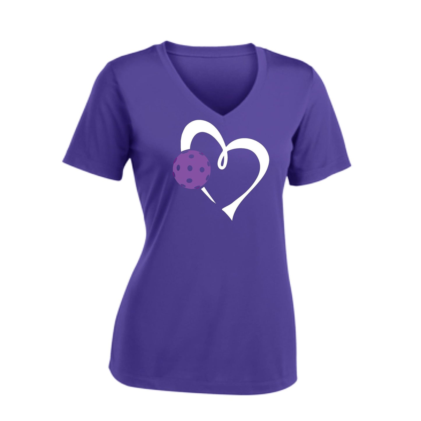 Love Pickleball (Purple) | Women's Short Sleeve V-Neck Pickleball Performance T-Shirts | 100% Polyester
