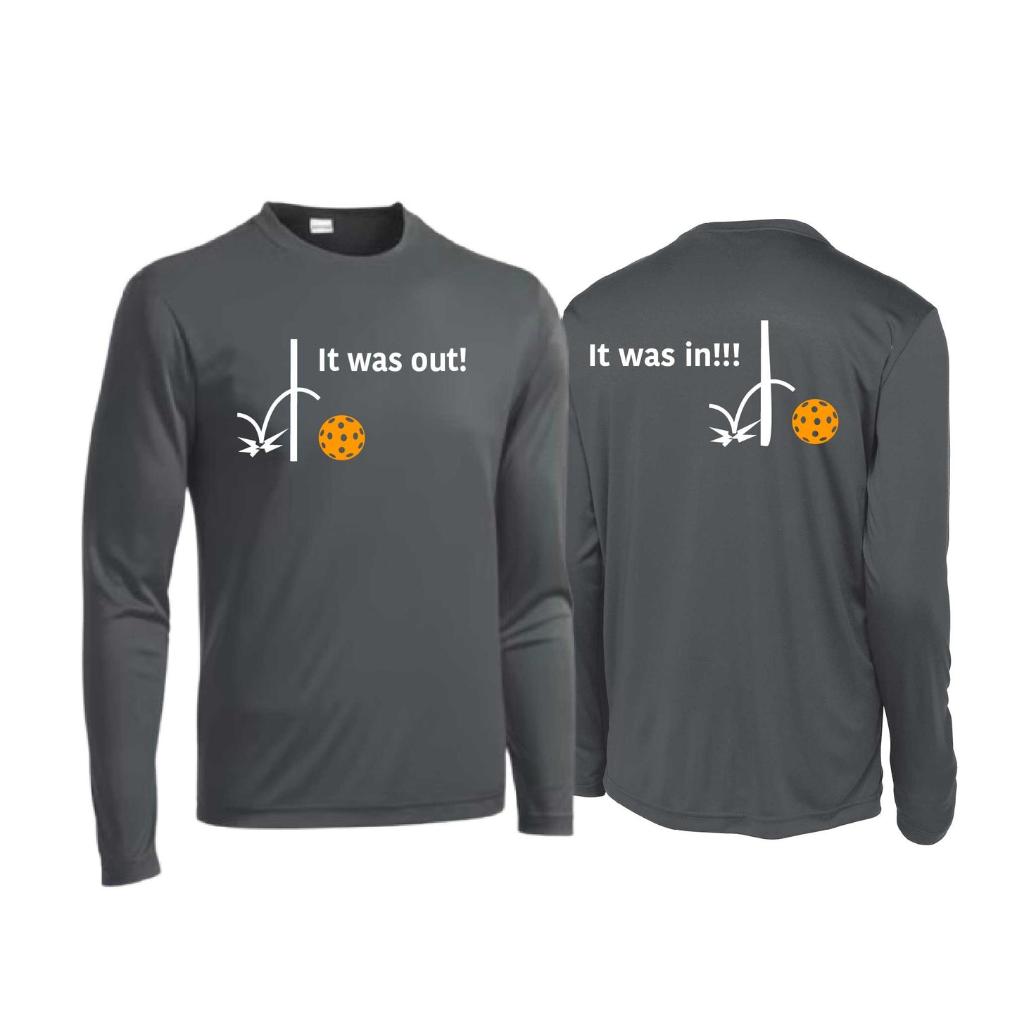 It Was Out! It Was In! (Pickleballs Cyan Green Orange) | Men's Long Sleeve Performance Athletic Performance T-Shirt | 100% Polyester