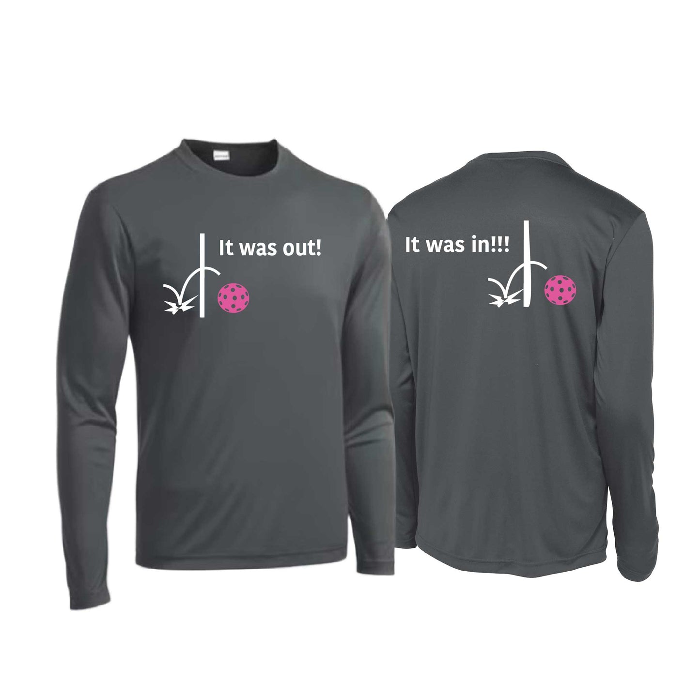 It Was Out! It Was In! (Pickleballs Pink Purple Rainbow) | Men's Long Sleeve Performance Athletic Performance T-Shirt | 100% Polyester