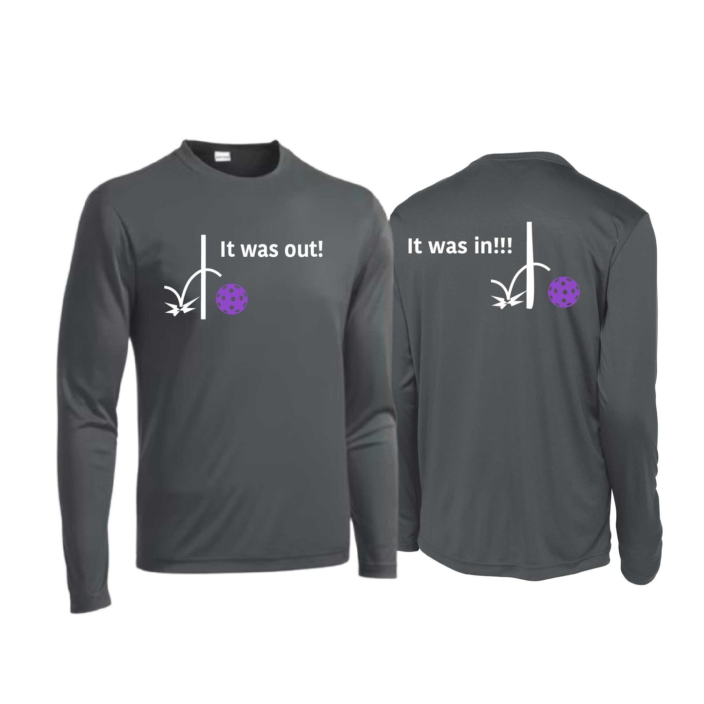 It Was Out! It Was In! (Pickleballs Pink Purple Rainbow) | Men's Long Sleeve Performance Athletic Performance T-Shirt | 100% Polyester