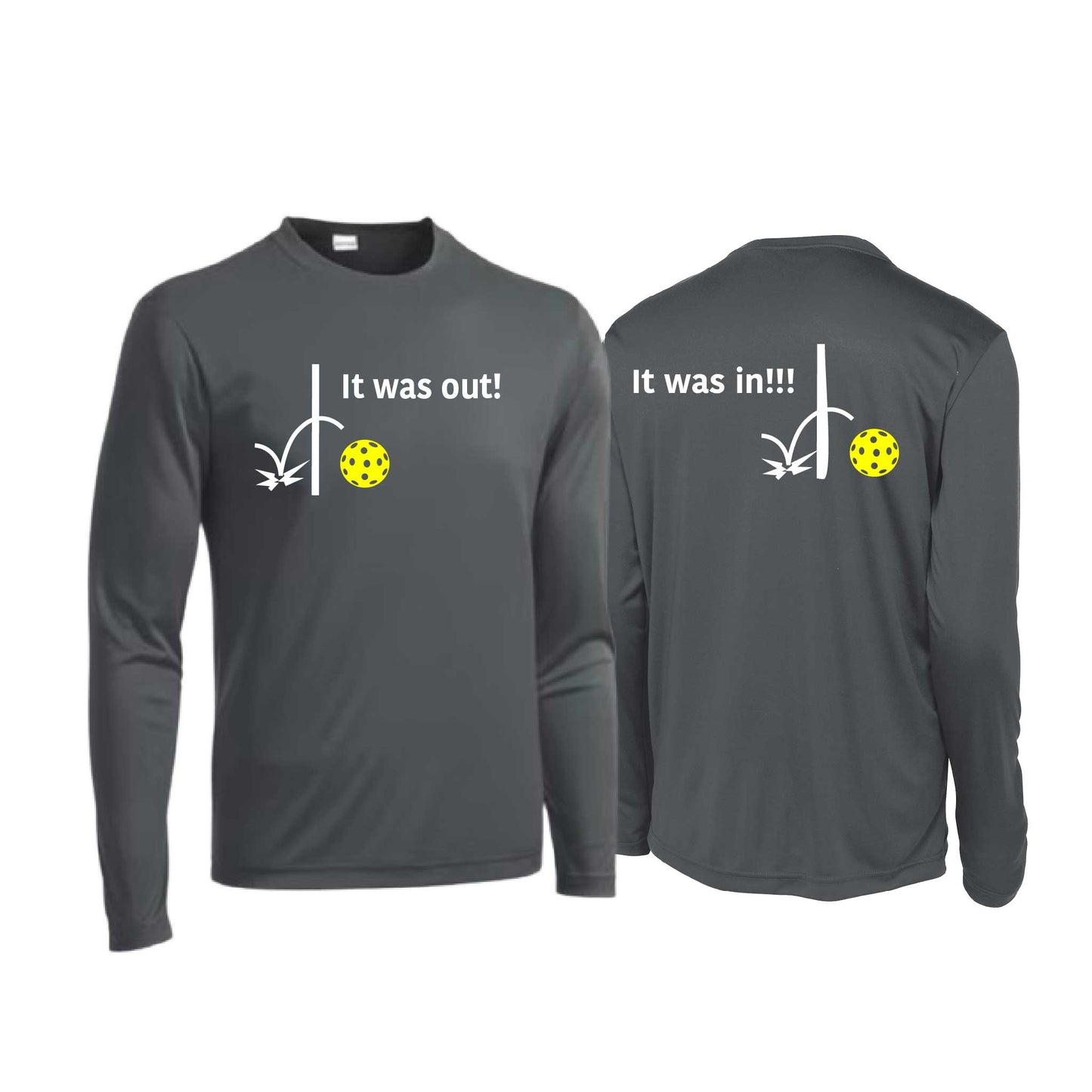 It Was Out! It Was In! (Pickleballs Red White Yellow) | Men's Long Sleeve Performance Athletic Performance Shirt | 100% Polyester