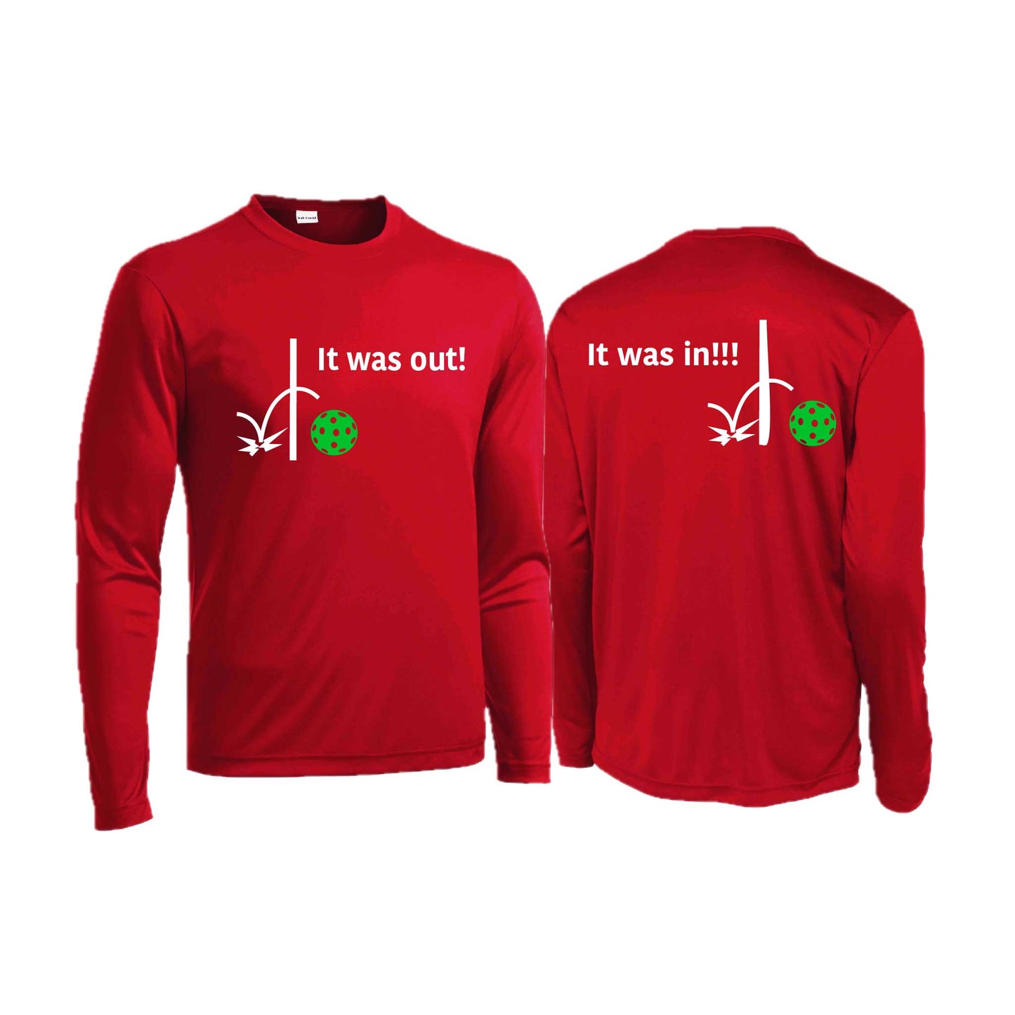 It Was Out! It Was In! (Pickleballs Cyan Green Orange) | Men's Long Sleeve Performance Athletic Performance T-Shirt | 100% Polyester