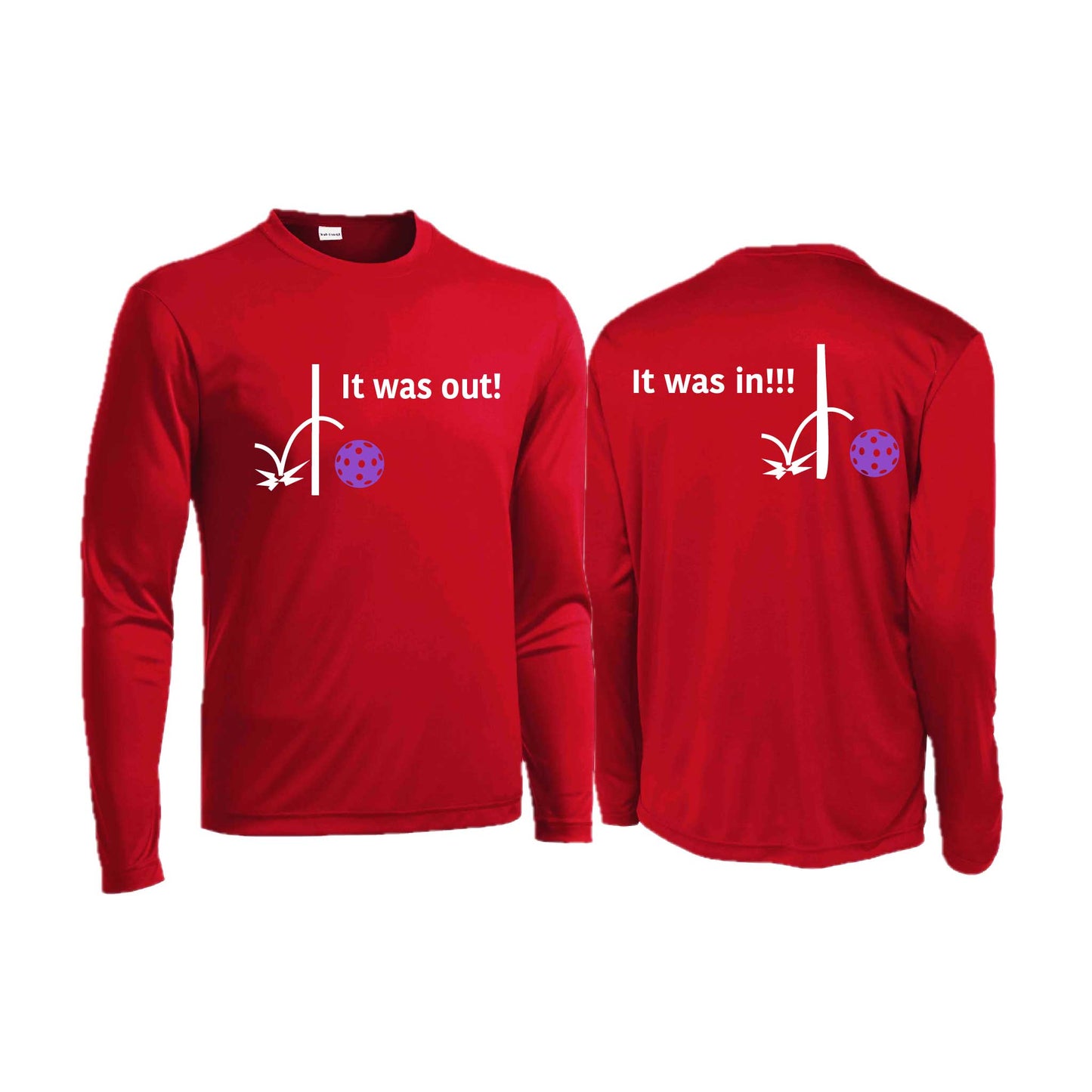 It Was Out! It Was In! (Pickleballs Pink Purple Rainbow) | Men's Long Sleeve Performance Athletic Performance T-Shirt | 100% Polyester