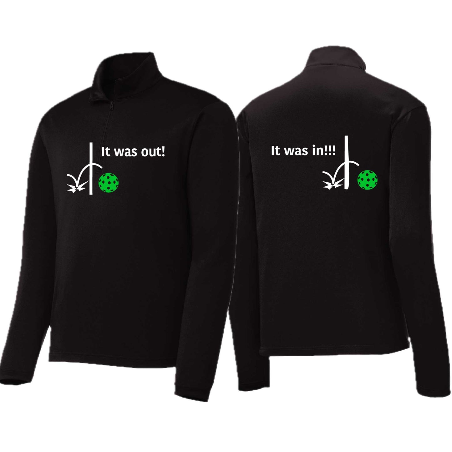 It Was Out! It Was In! (Pickleballs Cyan Green Orange) | Men's 1/4 Zip Long Sleeve Pullover Athletic Performance Shirt | 100% Polyester