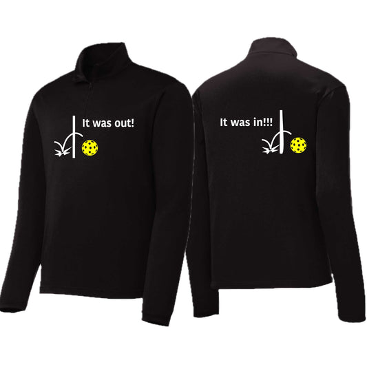 It Was Out! It Was In! (Pickleballs Red White Yellow) | Men's 1/4 Zip Long Sleeve Pullover Athletic Performance Shirt | 100% Polyester