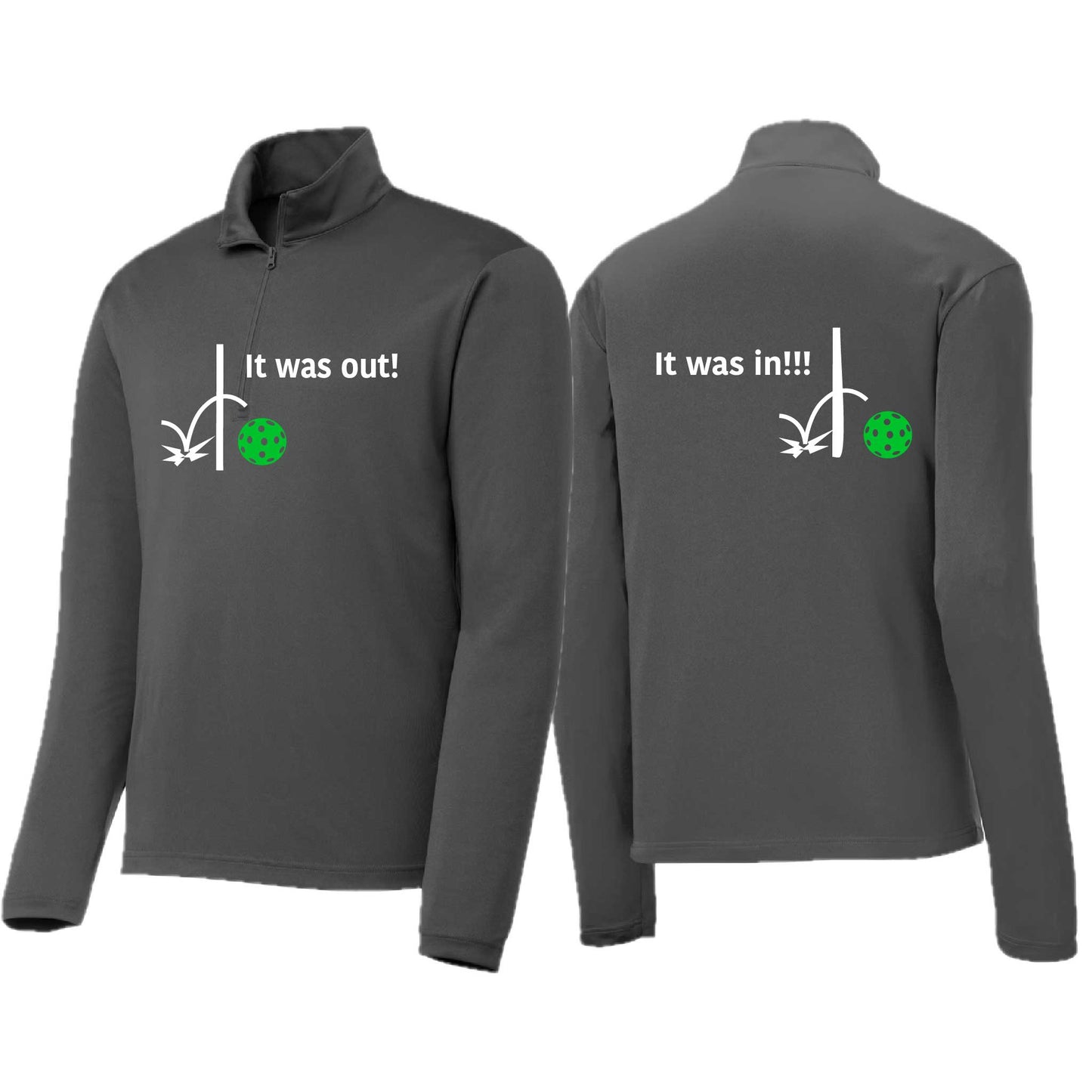 It Was Out! It Was In! (Pickleballs Cyan Green Orange) | Men's 1/4 Zip Long Sleeve Pullover Athletic Performance Shirt | 100% Polyester