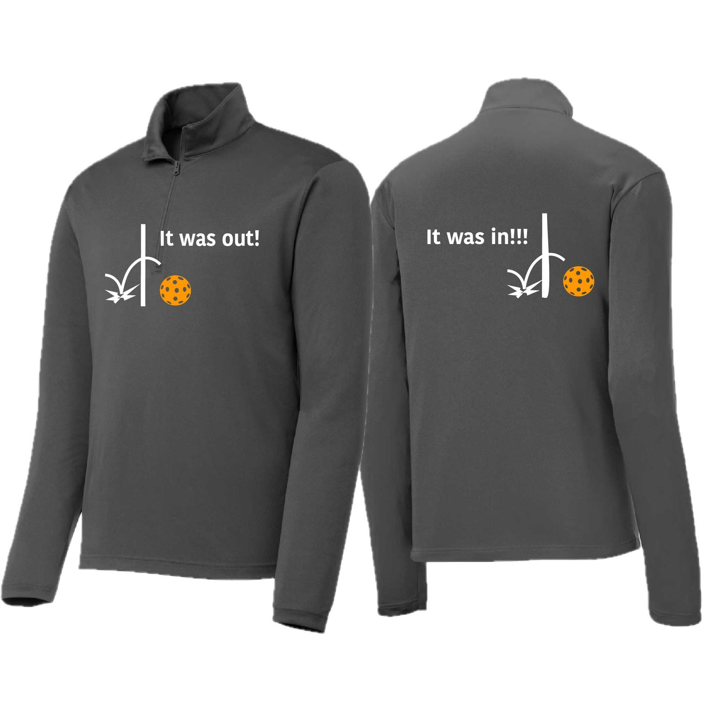 It Was Out! It Was In! (Pickleballs Cyan Green Orange) | Men's 1/4 Zip Long Sleeve Pullover Athletic Performance Shirt | 100% Polyester