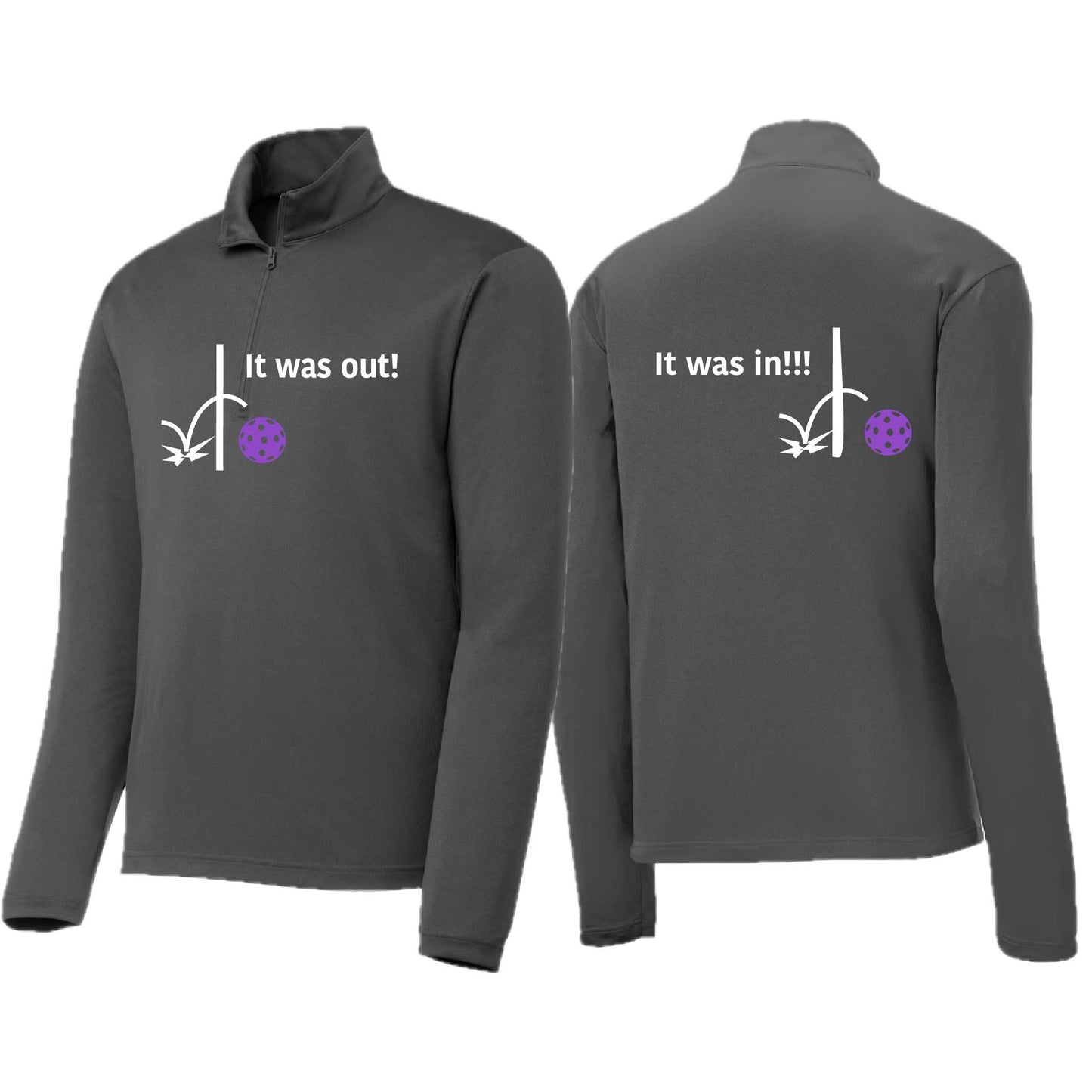 It Was Out! It Was In! (Pickleballs Pink Purple Rainbow) | Men's 1/4 Zip Long Sleeve Pullover Athletic Performance Shirt | 100% Polyester