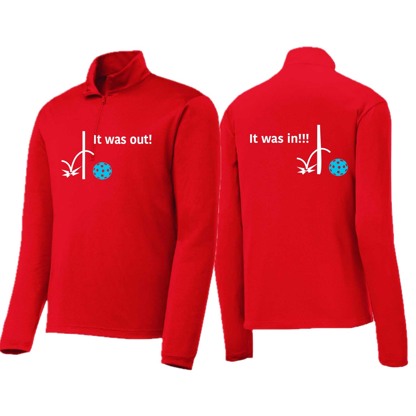 It Was Out! It Was In! (Pickleballs Cyan Green Orange) | Men's 1/4 Zip Long Sleeve Pullover Athletic Performance Shirt | 100% Polyester