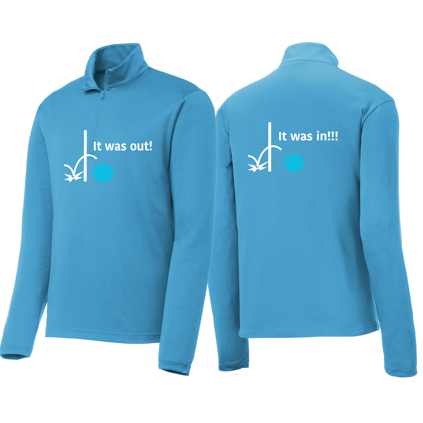 It Was Out! It Was In! (Pickleballs Cyan Green Orange) | Men's 1/4 Zip Long Sleeve Pullover Athletic Shirt | 100% Polyester