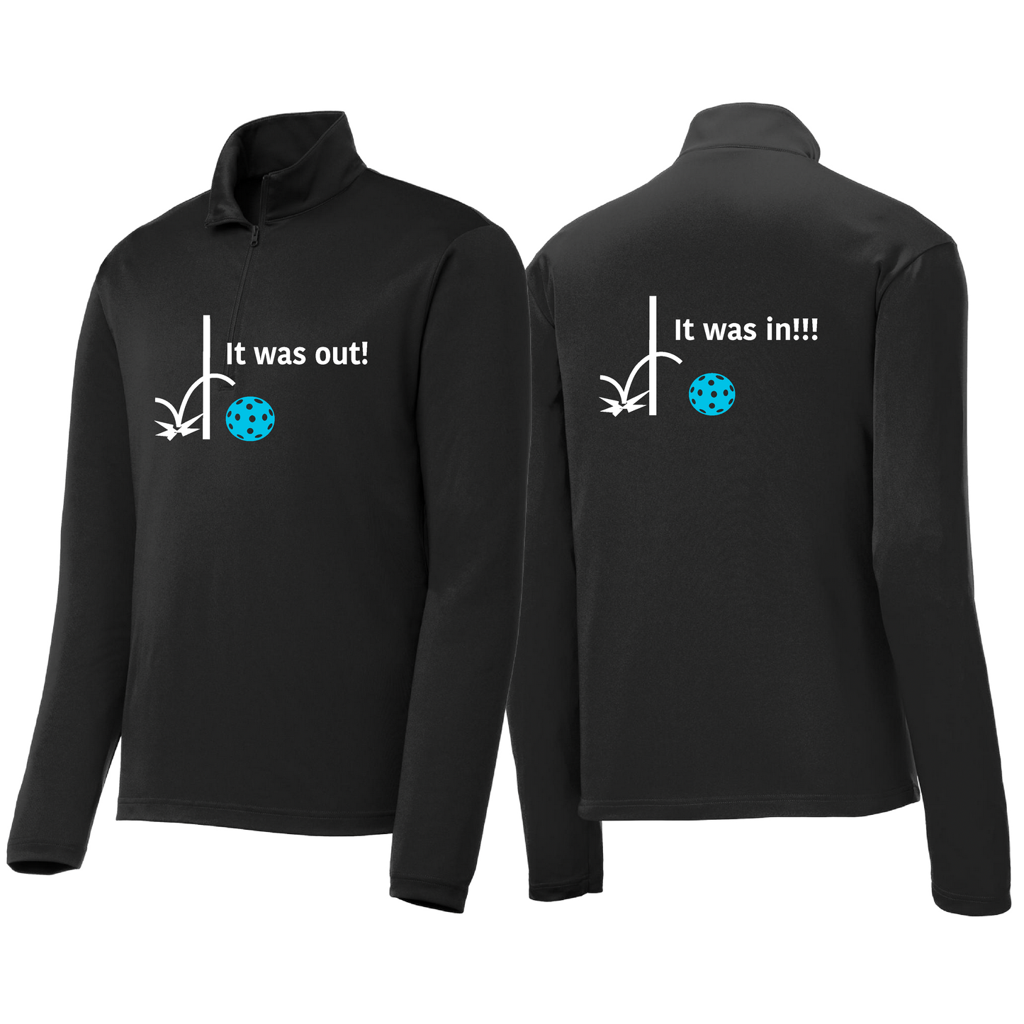 It Was Out! It Was In! (Pickleballs Cyan Green Orange) | Men's 1/4 Zip Long Sleeve Pullover Athletic Shirt | 100% Polyester