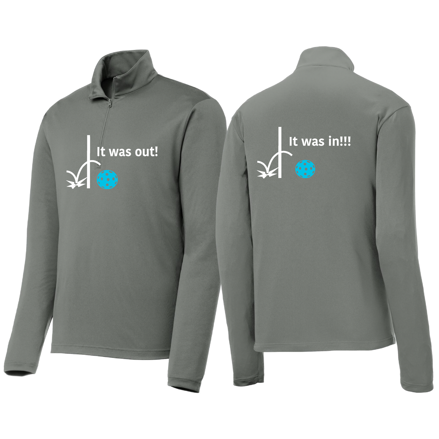It Was Out! It Was In! (Pickleballs Cyan Green Orange) | Men's 1/4 Zip Long Sleeve Pullover Athletic Shirt | 100% Polyester