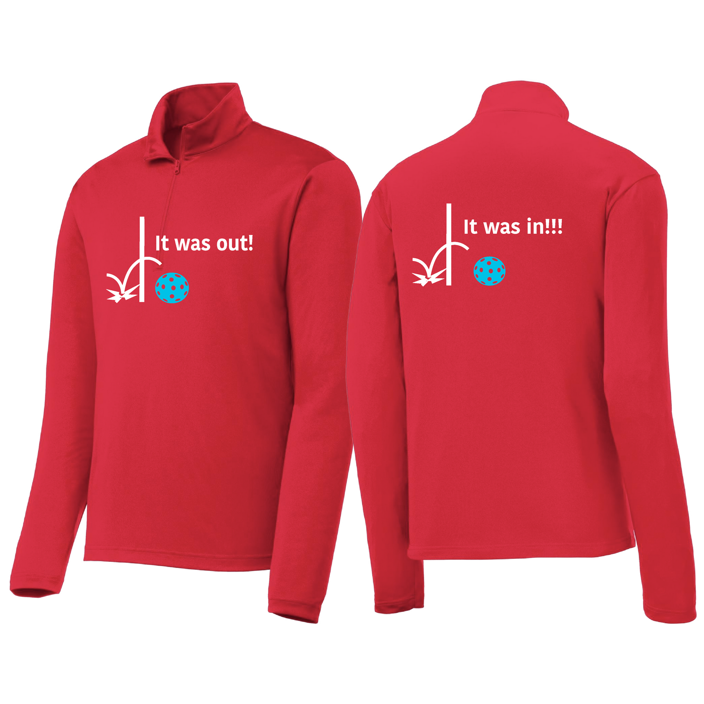 It Was Out! It Was In! (Pickleballs Cyan Green Orange) | Men's 1/4 Zip Long Sleeve Pullover Athletic Shirt | 100% Polyester
