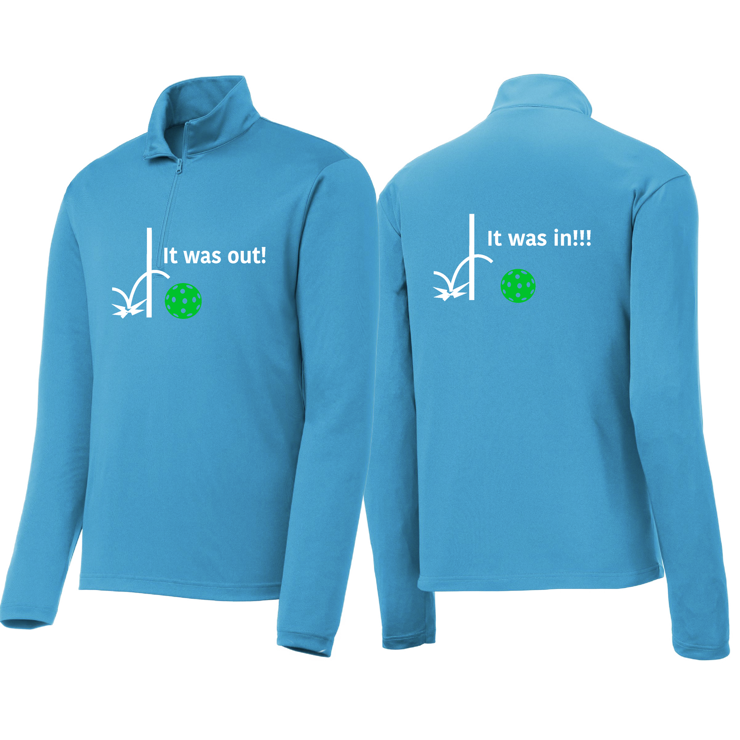 It Was Out! It Was In! (Pickleballs Cyan Green Orange) | Men's 1/4 Zip Long Sleeve Pullover Athletic Shirt | 100% Polyester