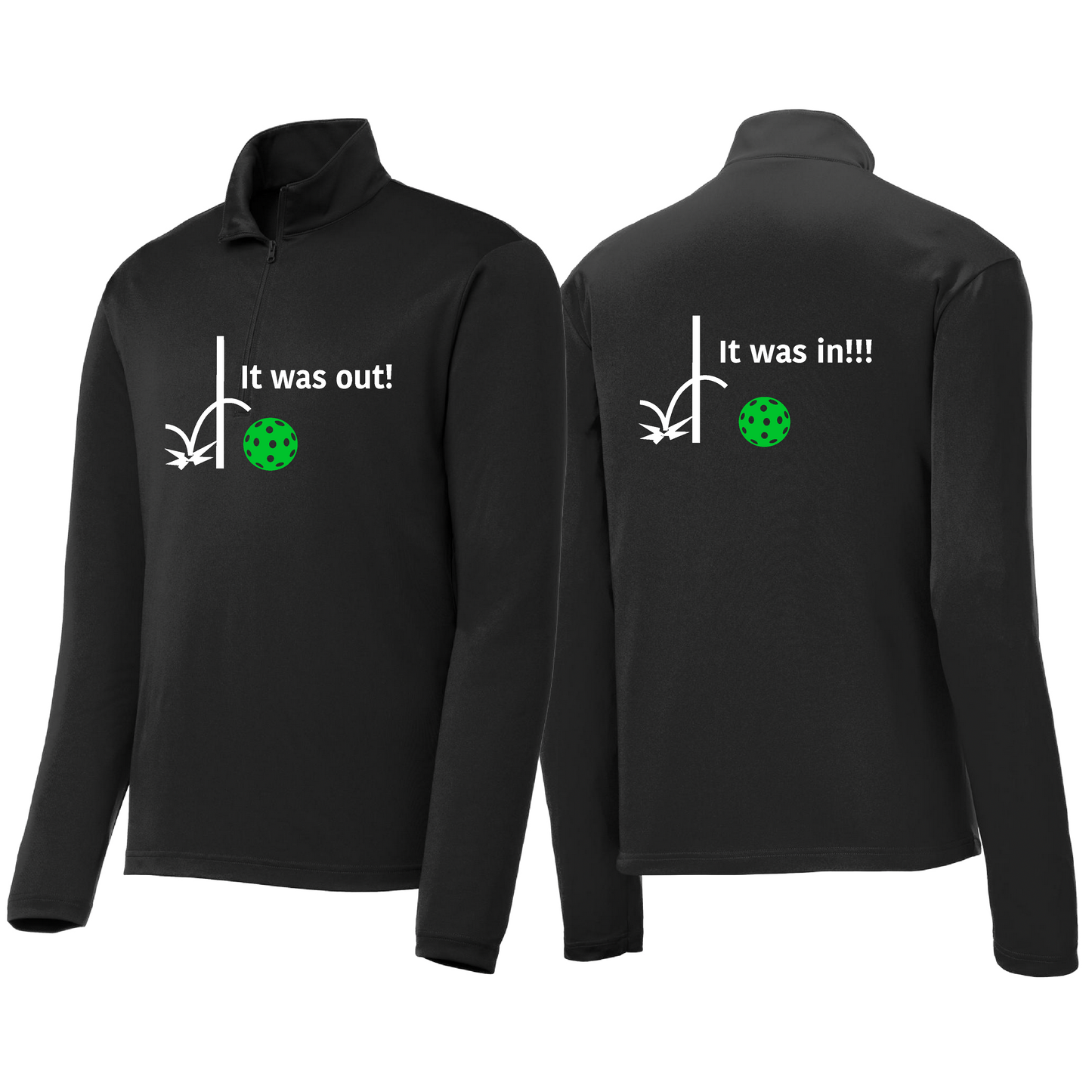It Was Out! It Was In! (Pickleballs Cyan Green Orange) | Men's 1/4 Zip Long Sleeve Pullover Athletic Shirt | 100% Polyester
