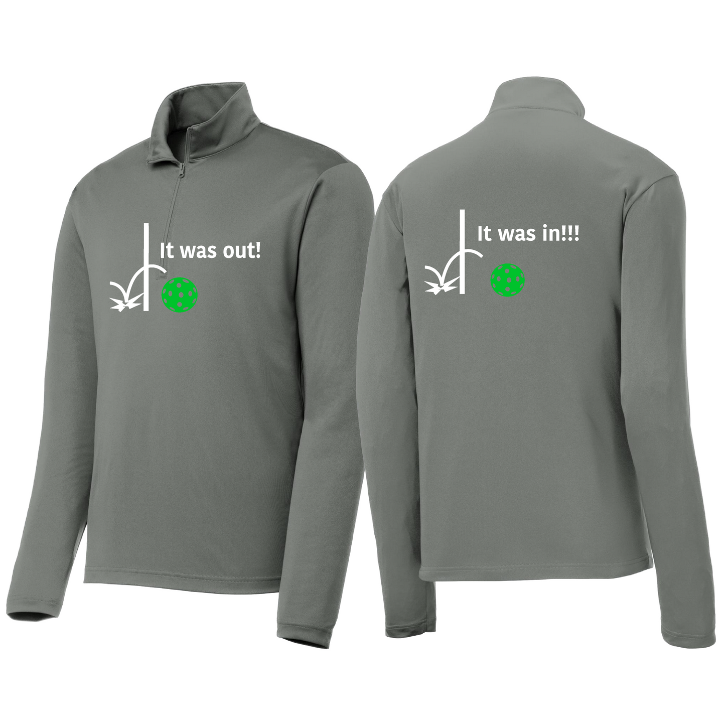 It Was Out! It Was In! (Pickleballs Cyan Green Orange) | Men's 1/4 Zip Long Sleeve Pullover Athletic Shirt | 100% Polyester