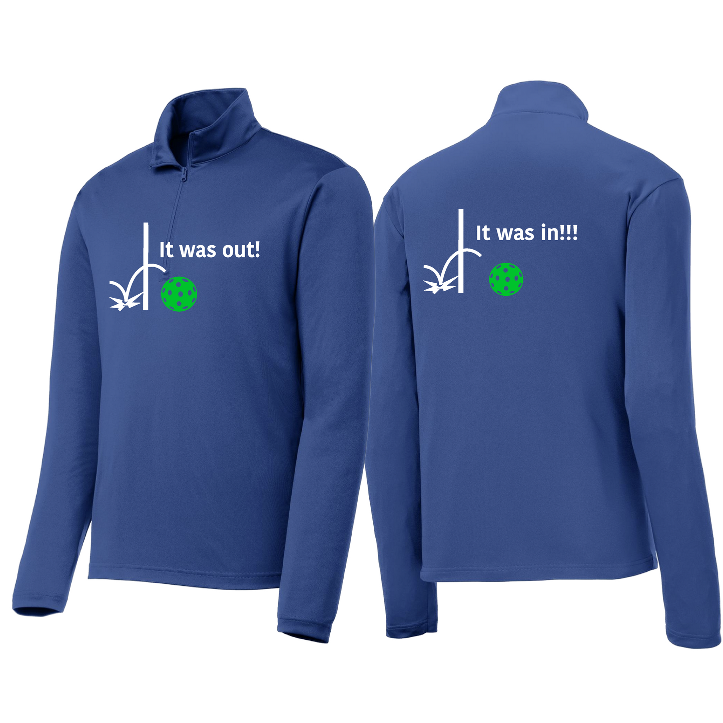 It Was Out! It Was In! (Pickleballs Cyan Green Orange) | Men's 1/4 Zip Long Sleeve Pullover Athletic Shirt | 100% Polyester