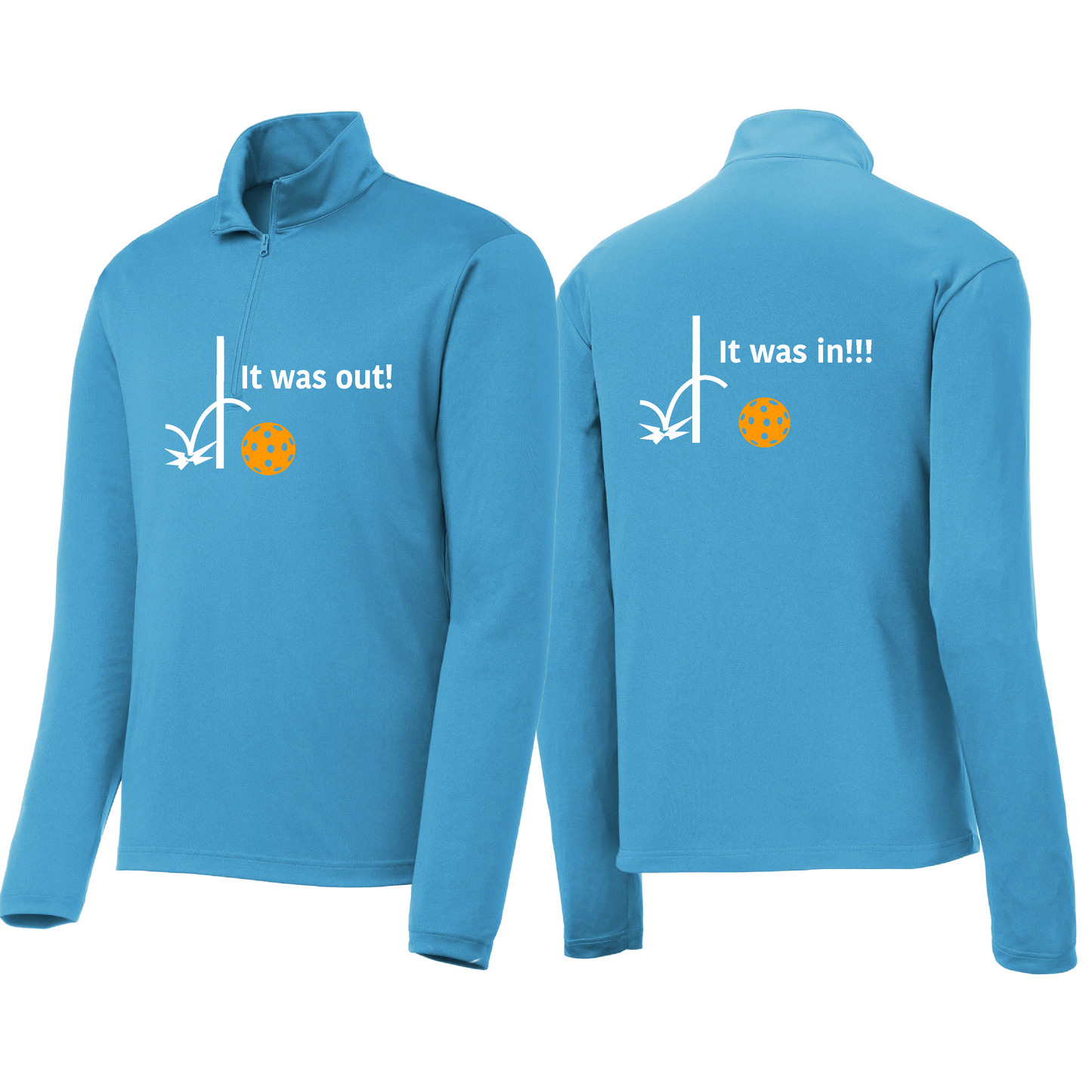 It Was Out! It Was In! (Pickleballs Cyan Green Orange) | Men's 1/4 Zip Long Sleeve Pullover Athletic Shirt | 100% Polyester