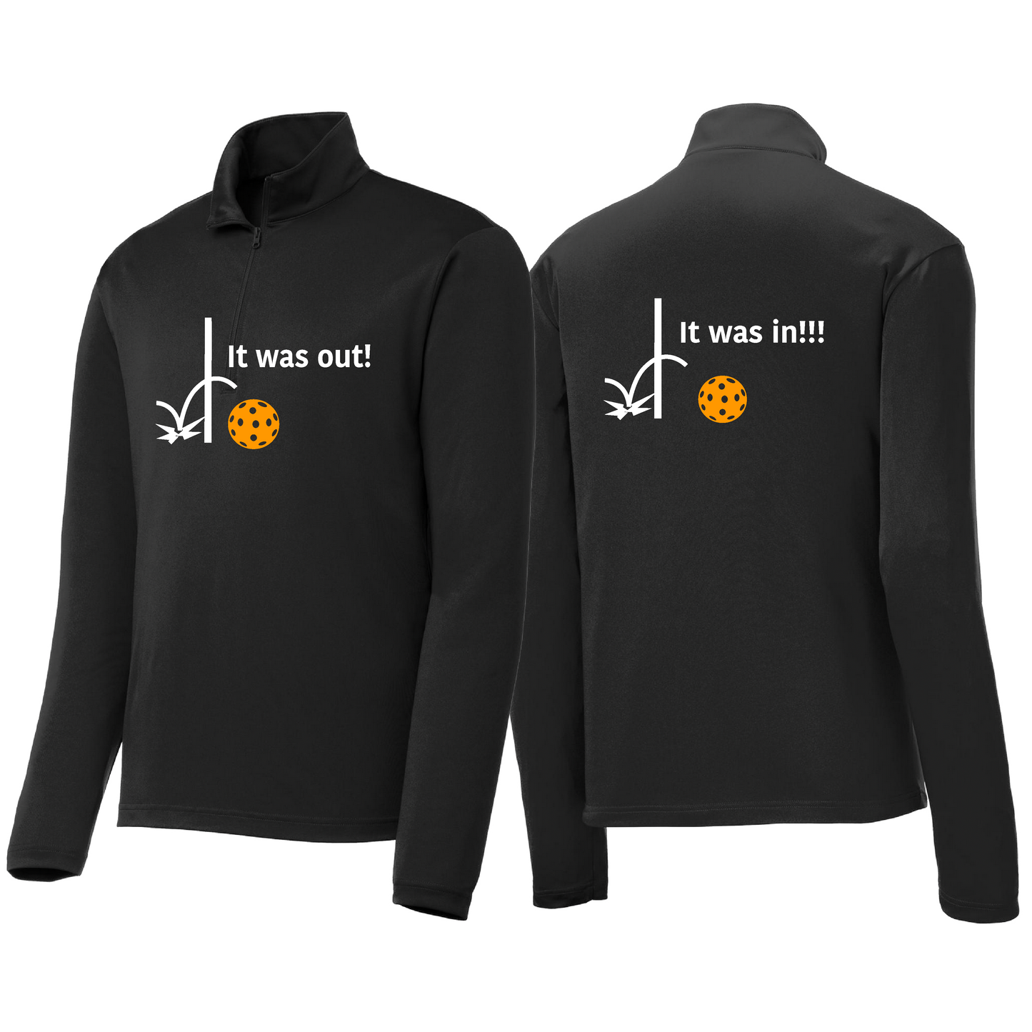It Was Out! It Was In! (Pickleballs Cyan Green Orange) | Men's 1/4 Zip Long Sleeve Pullover Athletic Shirt | 100% Polyester
