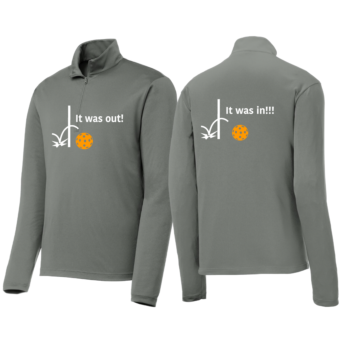 It Was Out! It Was In! (Pickleballs Cyan Green Orange) | Men's 1/4 Zip Long Sleeve Pullover Athletic Shirt | 100% Polyester