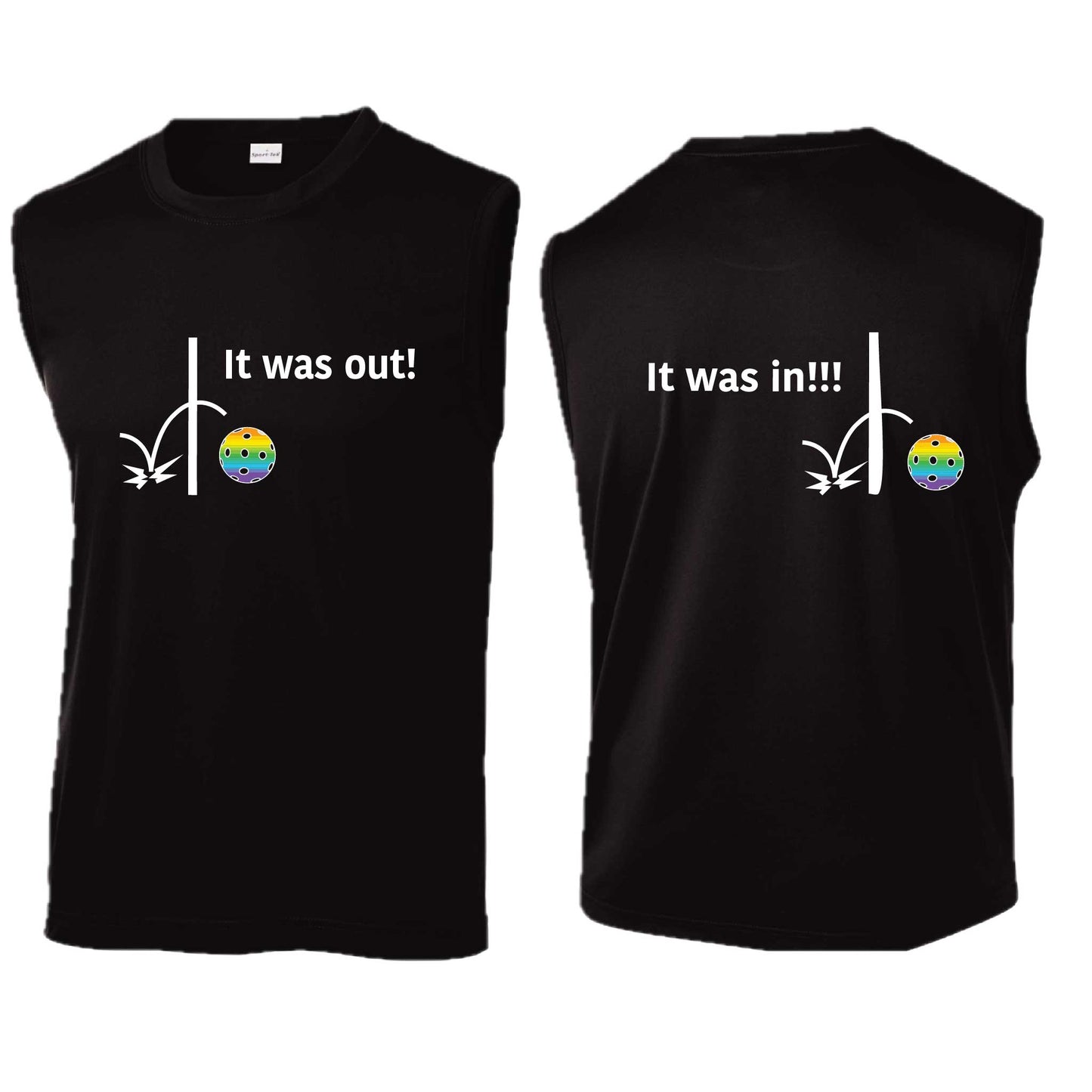 It Was Out! It Was In! (Pickleballs Pink Purple Rainbow) | Men's Sleeveless Athletic Performance T-Shirt | 100% Polyester