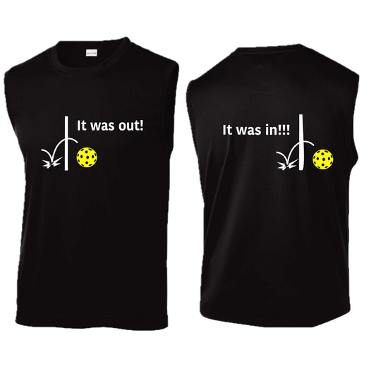 It Was Out! It Was In! (Pickleballs Red White Yellow) | Men's Sleeveless Athletic Performance T-Shirt | 100% Polyester