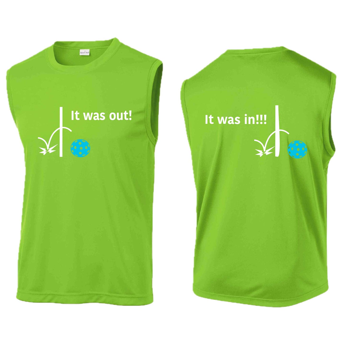 It Was Out! It Was In! (Pickleballs Cyan Green Orange) | Men's Sleeveless Athletic Performance T-Shirt | 100% Polyester