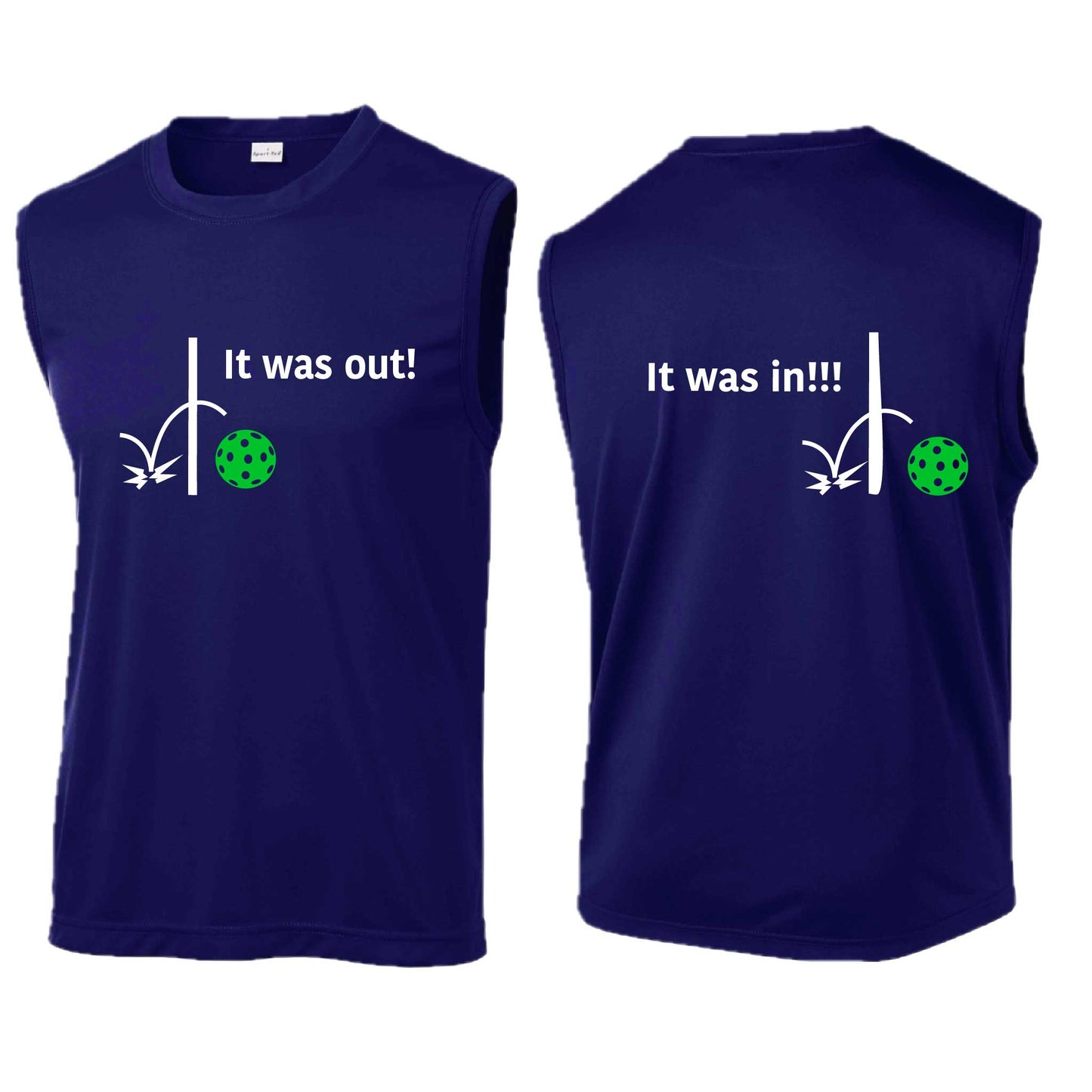 It Was Out! It Was In! (Pickleballs Cyan Green Orange) | Men's Sleeveless Athletic Performance T-Shirt | 100% Polyester