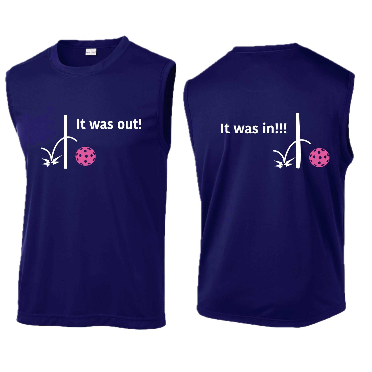It Was Out! It Was In! (Pickleballs Pink Purple Rainbow) | Men's Sleeveless Athletic Performance T-Shirt | 100% Polyester