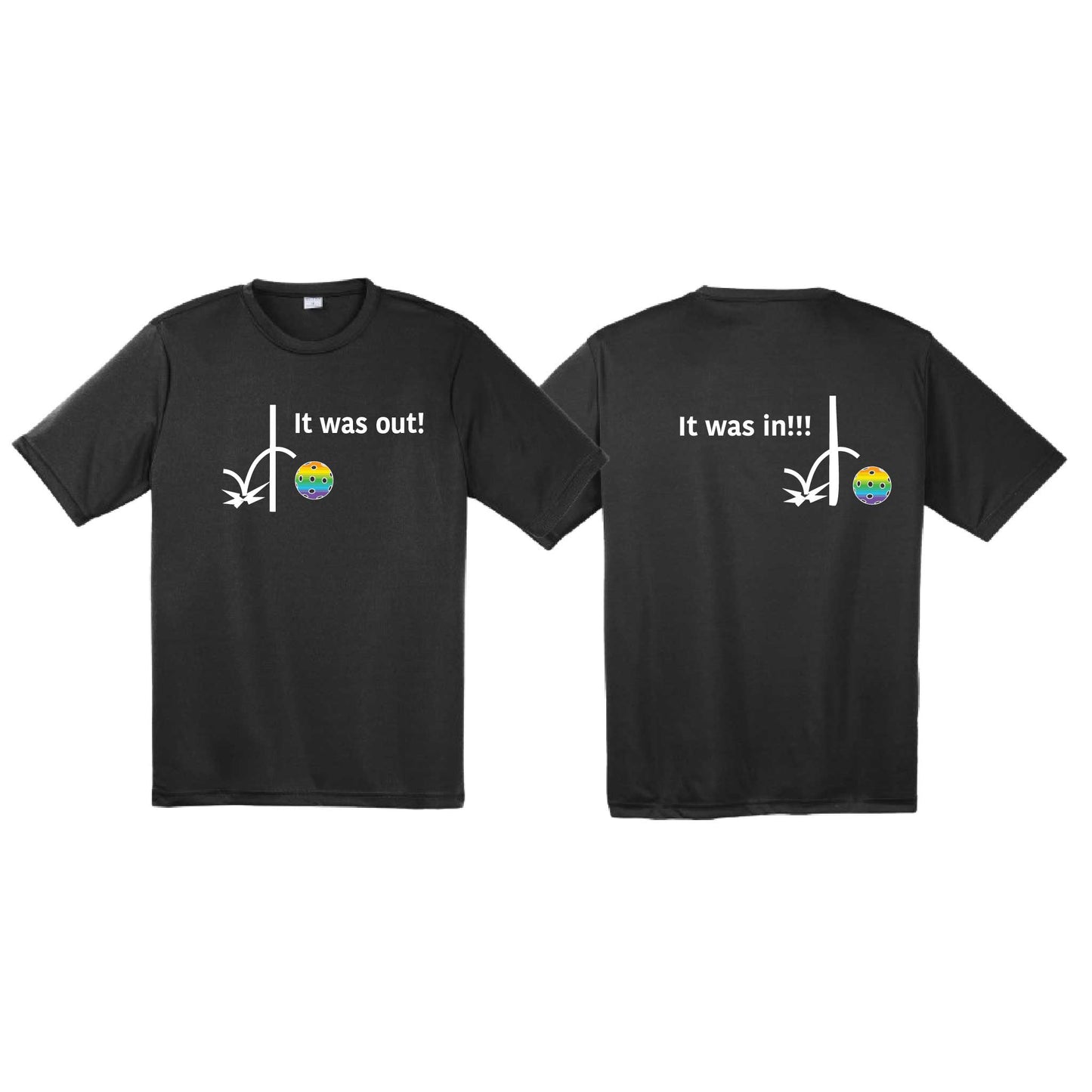 It Was Out! It Was In! (Pickleballs Pink Purple Rainbow) | Men's Short Sleeve Athletic Performance T-Shirt | 100% Polyester