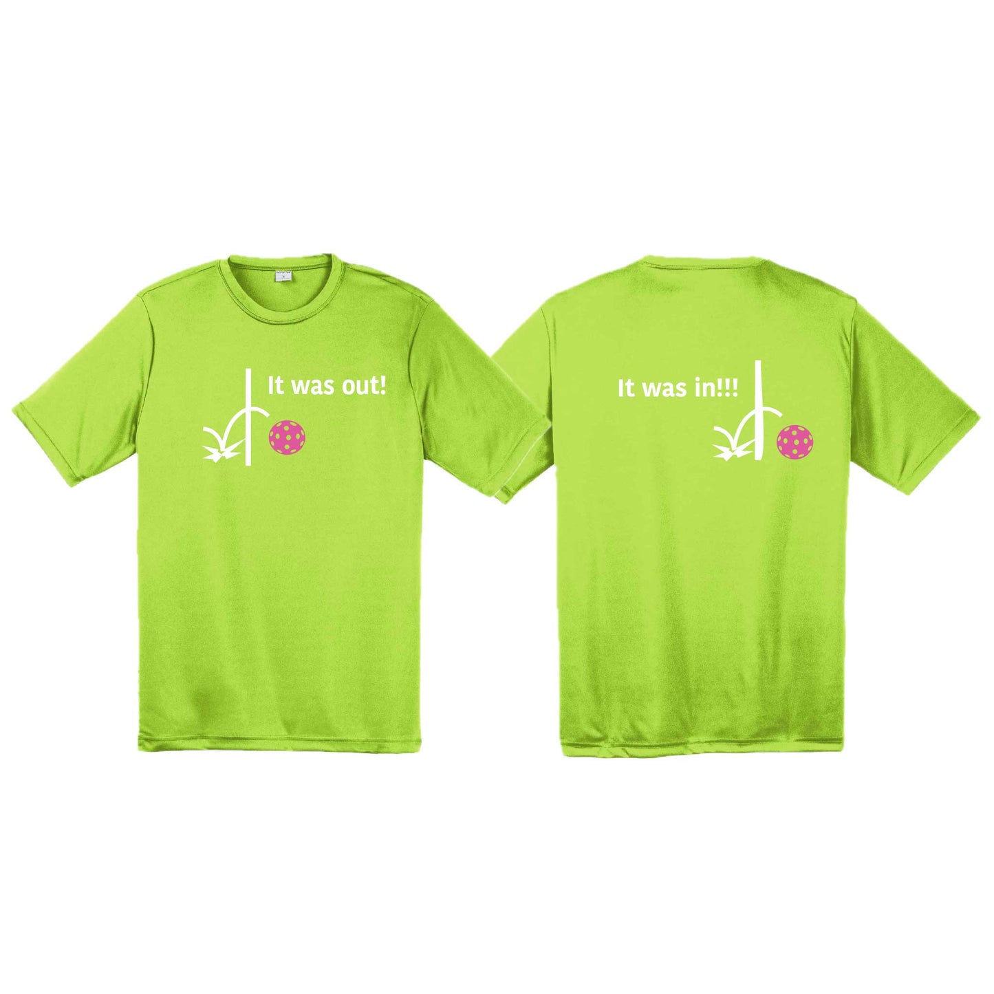 It Was Out! It Was In! (Pickleballs Pink Purple Rainbow) | Men's Short Sleeve Athletic Performance T-Shirt | 100% Polyester