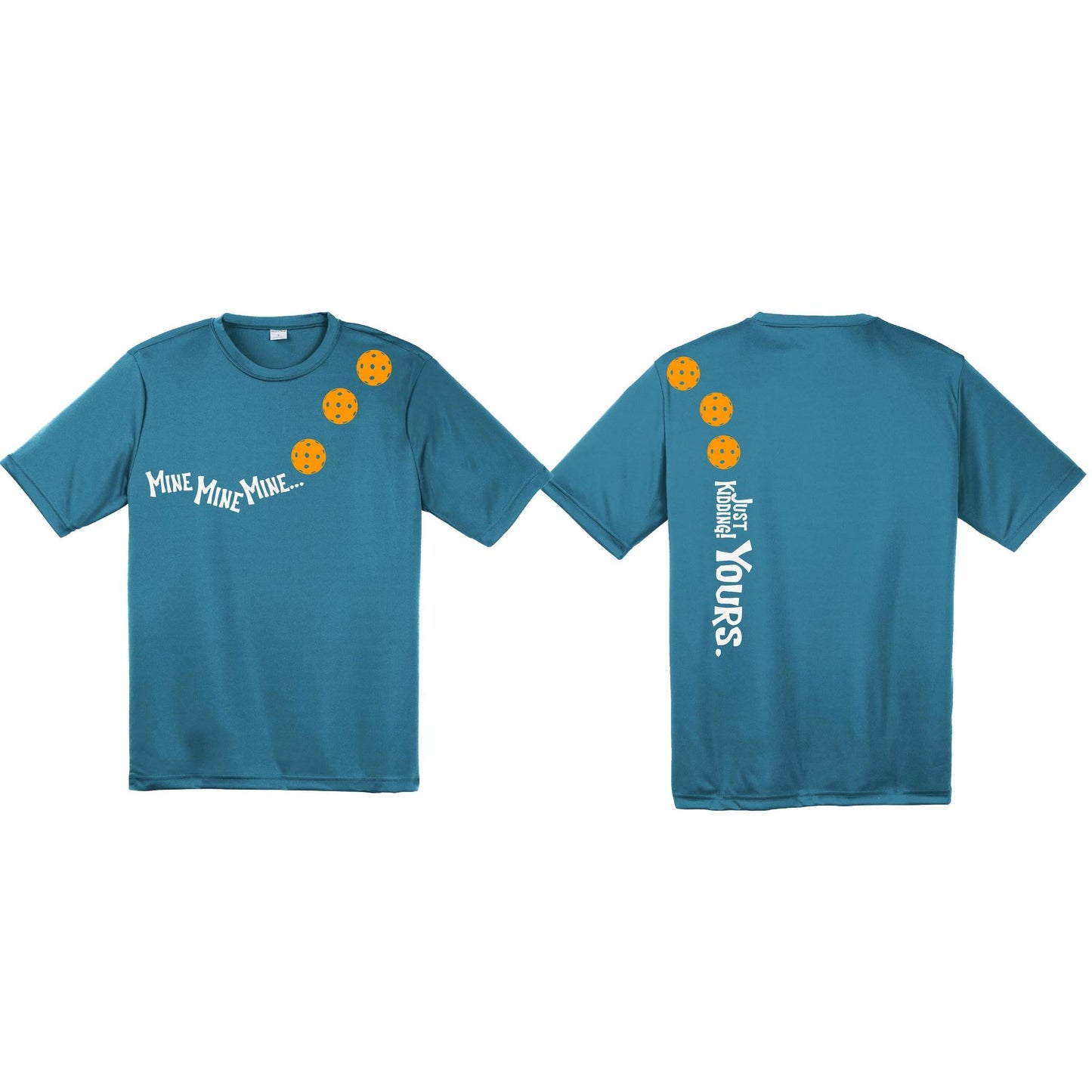 Mine JK Yours (Pickleballs Cyan Green Orange) | Men's Short Sleeve Athletic Performance T-Shirt | 100% Polyester