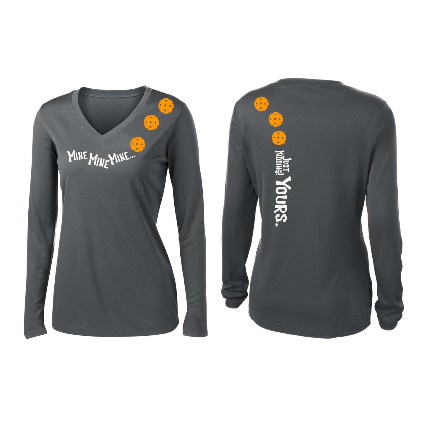 Mine JK Yours (Pickleballs Cyan Green Orange) | Women’s Long Sleeve V-Neck Pickleball Performance T-Shirt | 100% Polyester