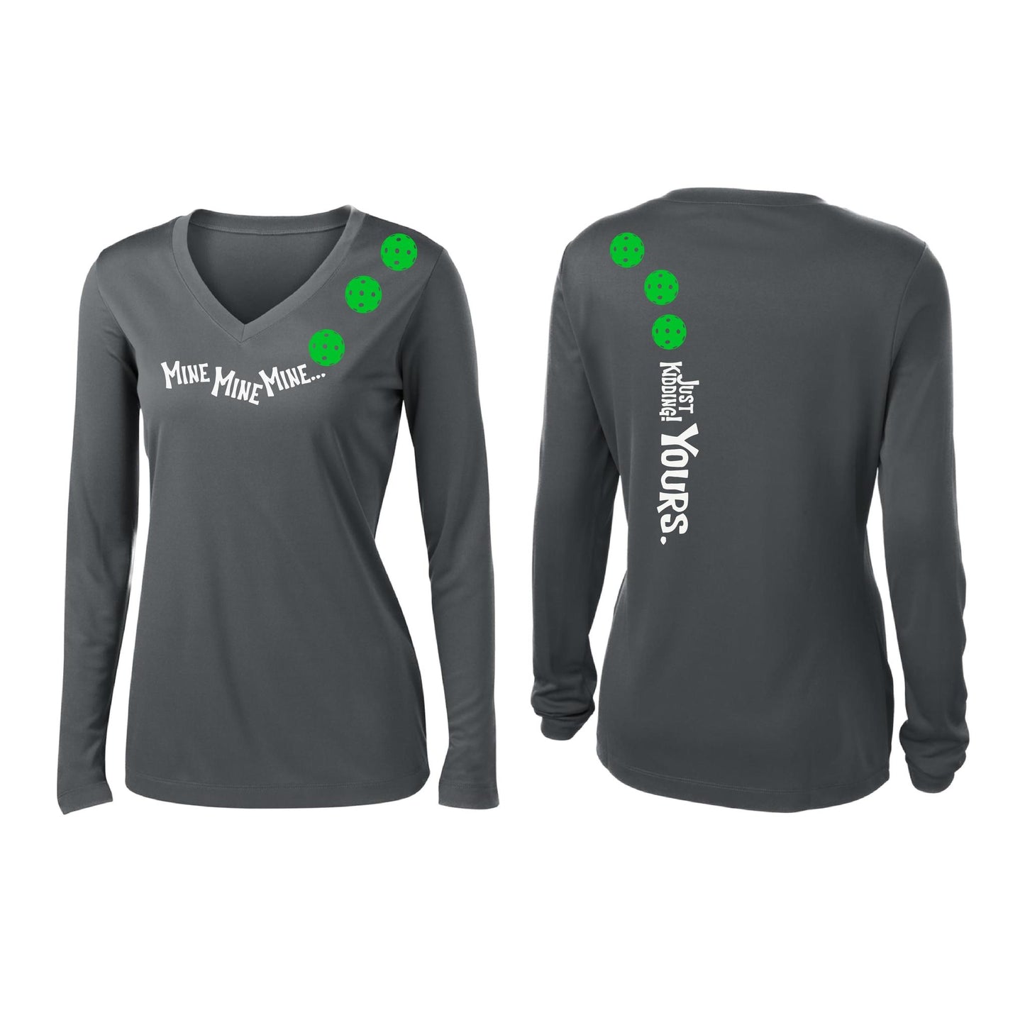 Mine JK Yours (Pickleballs Cyan Green Orange) | Women’s Long Sleeve V-Neck Pickleball Performance T-Shirt | 100% Polyester