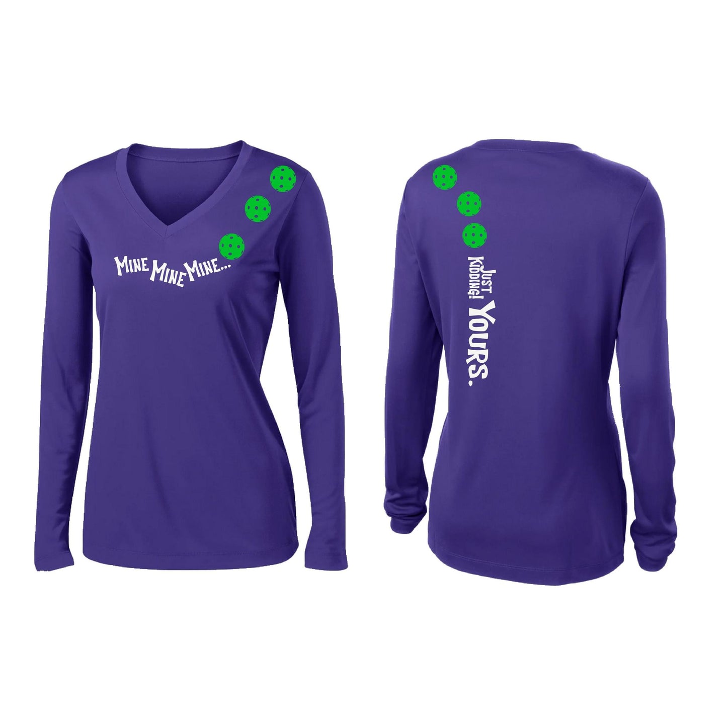 Mine JK Yours (Pickleballs Cyan Green Orange) | Women’s Long Sleeve V-Neck Pickleball Performance T-Shirt | 100% Polyester