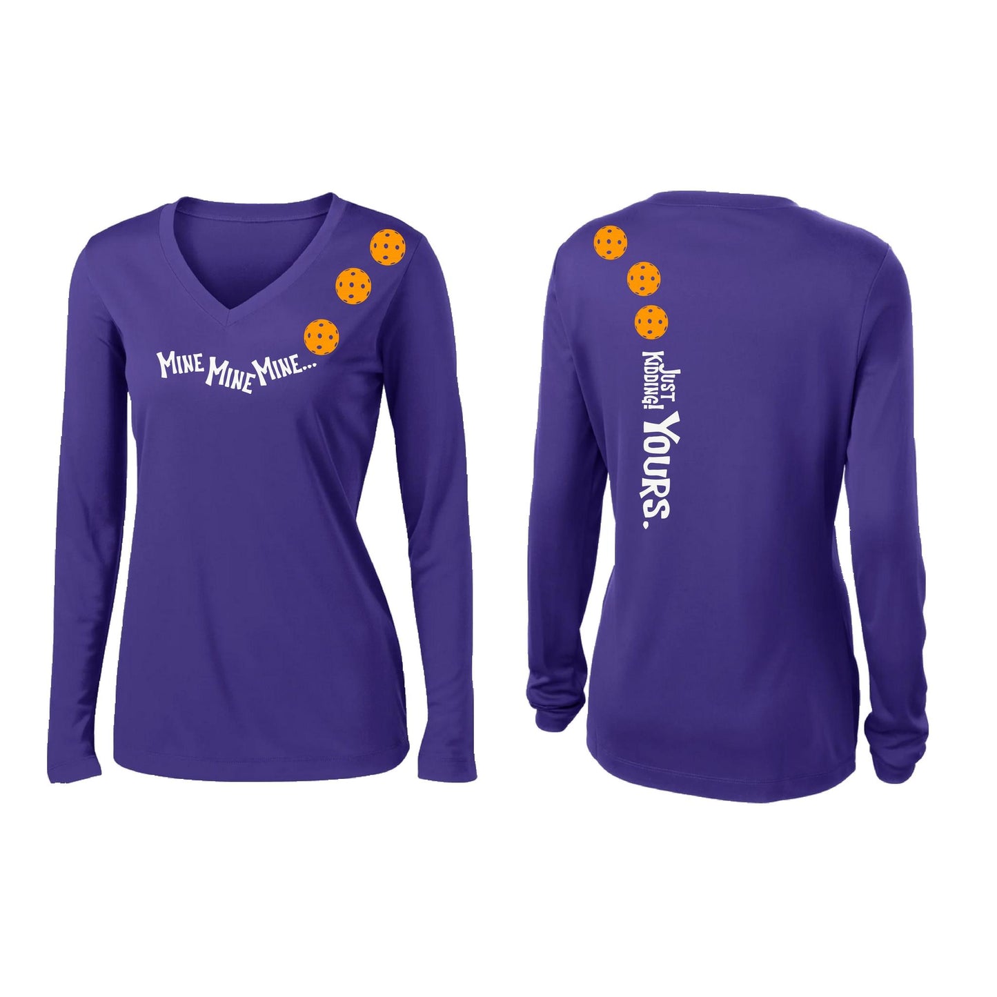 Mine JK Yours (Pickleballs Cyan Green Orange) | Women’s Long Sleeve V-Neck Pickleball Performance T-Shirt | 100% Polyester