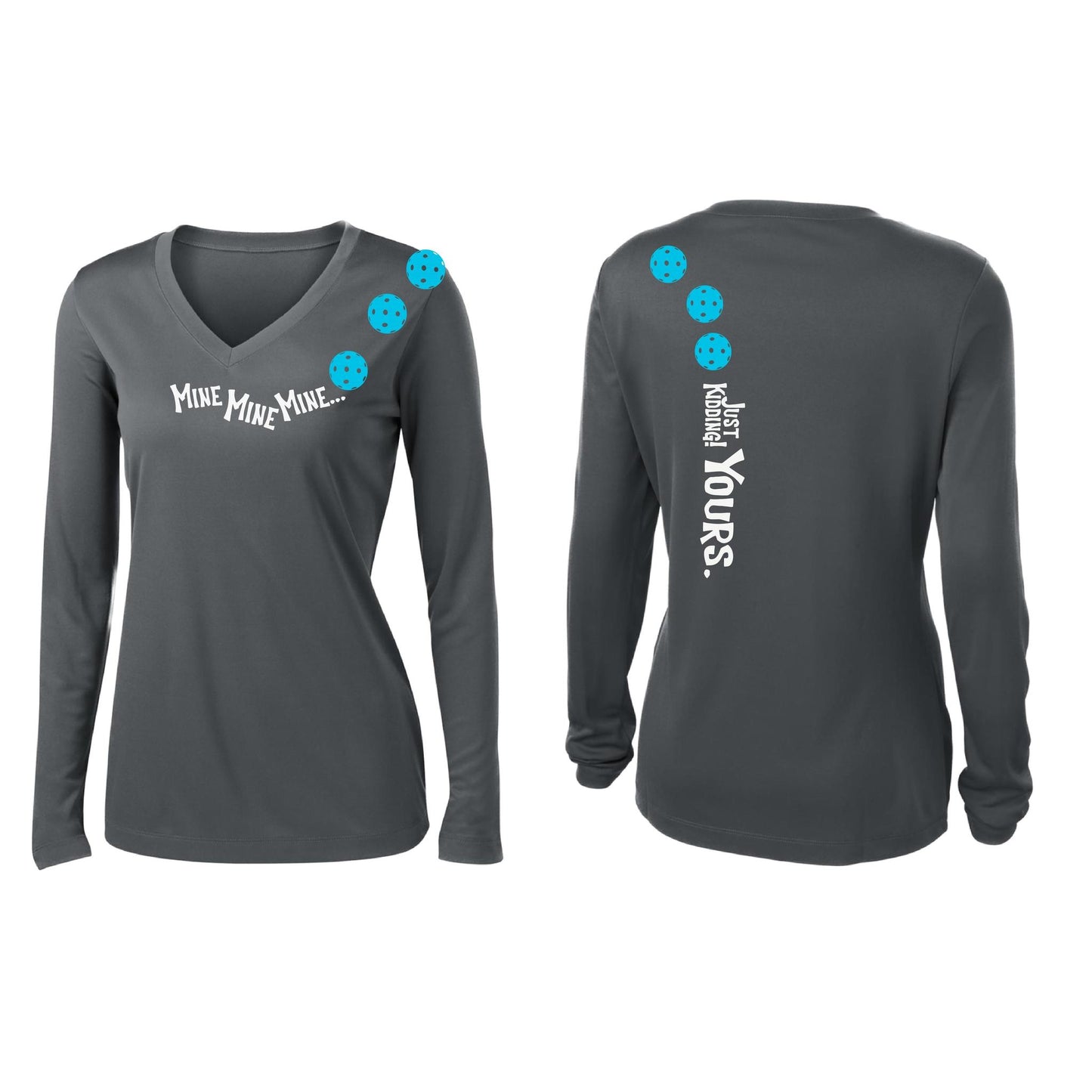 Mine JK Yours (Pickleballs Cyan Green Orange) | Women’s Long Sleeve V-Neck Pickleball Performance T-Shirt | 100% Polyester