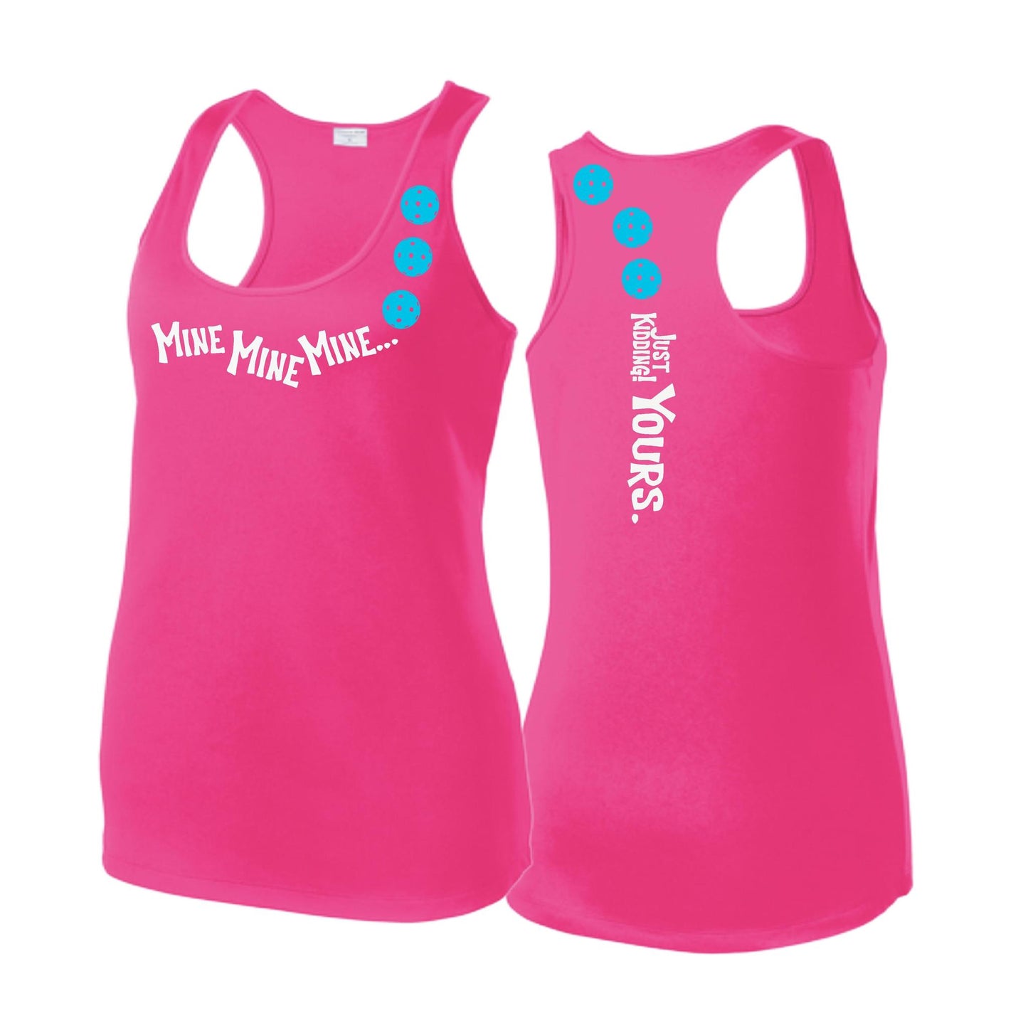 Mine JK Yours (Pickleballs Cyan Green Orange) | Women's Racerback Pickleball Tank | 100% Polyester