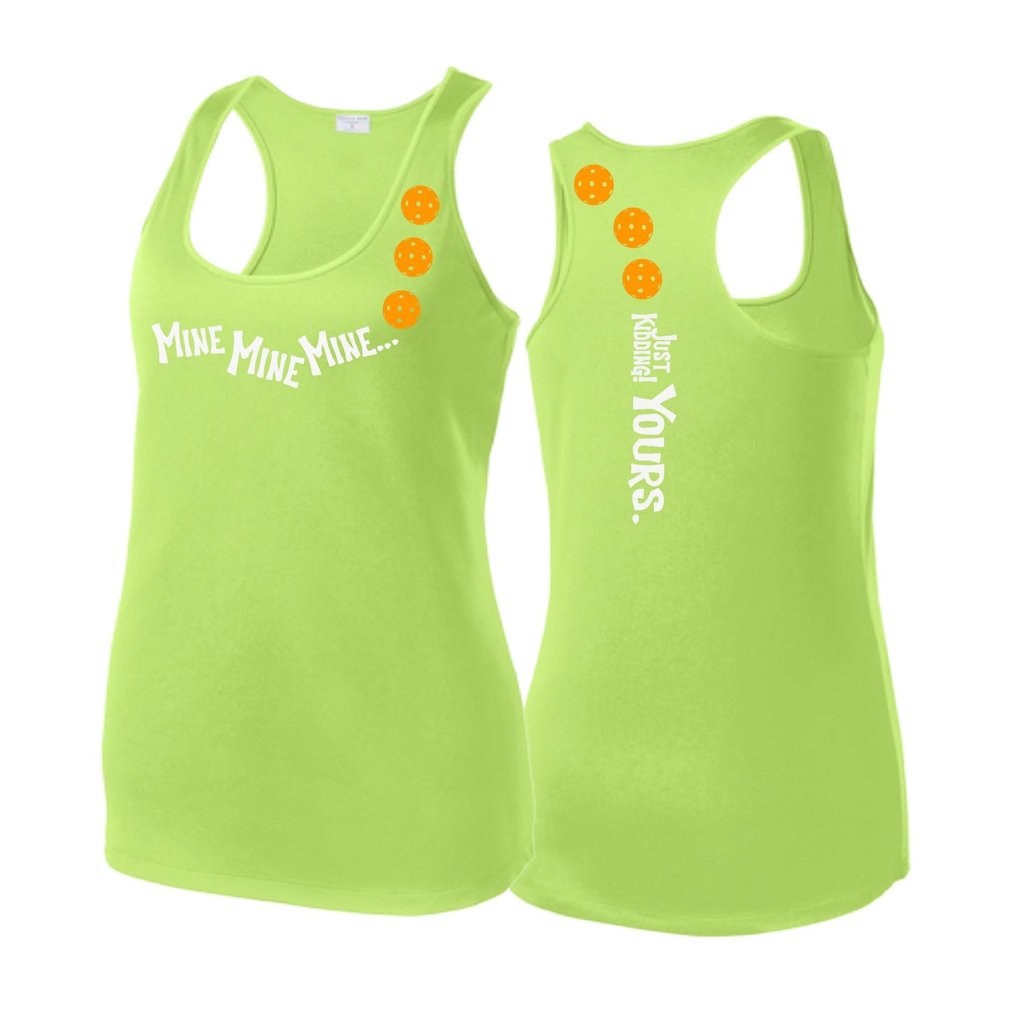 Mine JK Yours (Pickleballs Cyan Green Orange) | Women's Racerback Pickleball Tank | 100% Polyester