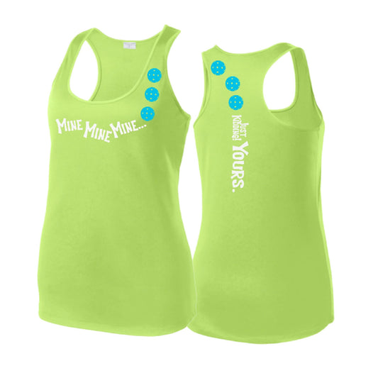 Mine JK Yours (Pickleballs Cyan Green Orange) | Women's Racerback Pickleball Tank | 100% Polyester