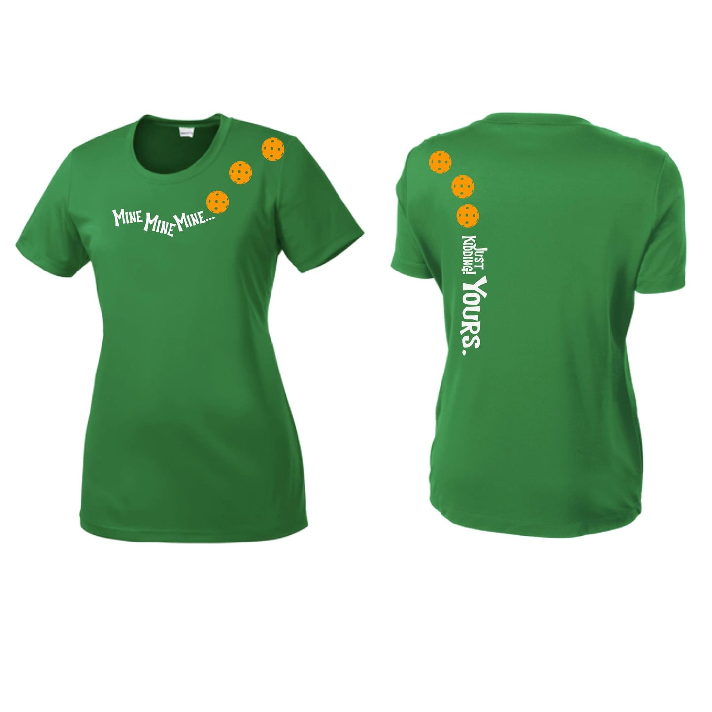 Mine JK Yours (Pickleballs Cyan Green Orange) | Women’s Short Sleeve Crewneck Pickleball Performance T-Shirts | 100% Polyester