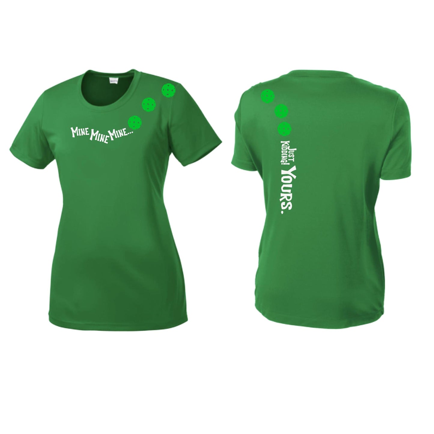 Mine JK Yours (Pickleballs Cyan Green Orange) | Women’s Short Sleeve Crewneck Pickleball Performance T-Shirts | 100% Polyester