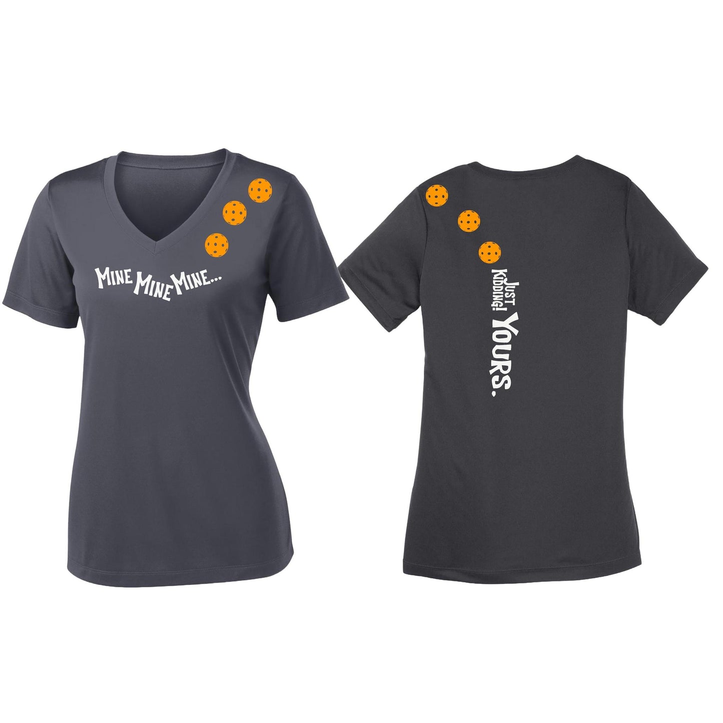 Mine JK Yours (Pickleballs Cyan Green Orange) | Women's Short Sleeve V-Neck Pickleball Performance T-Shirts | 100% Polyester