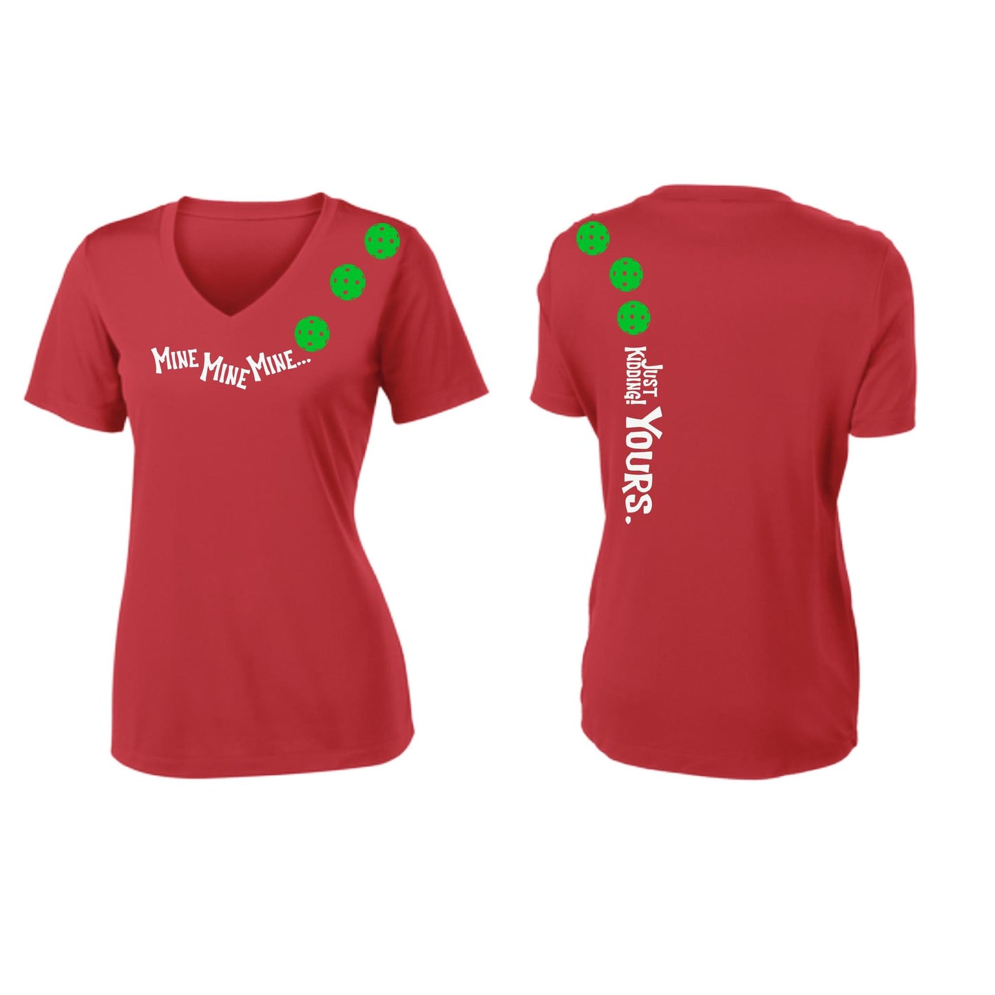 Mine JK Yours (Pickleballs Cyan Green Orange) | Women's Short Sleeve V-Neck Pickleball Performance T-Shirts | 100% Polyester